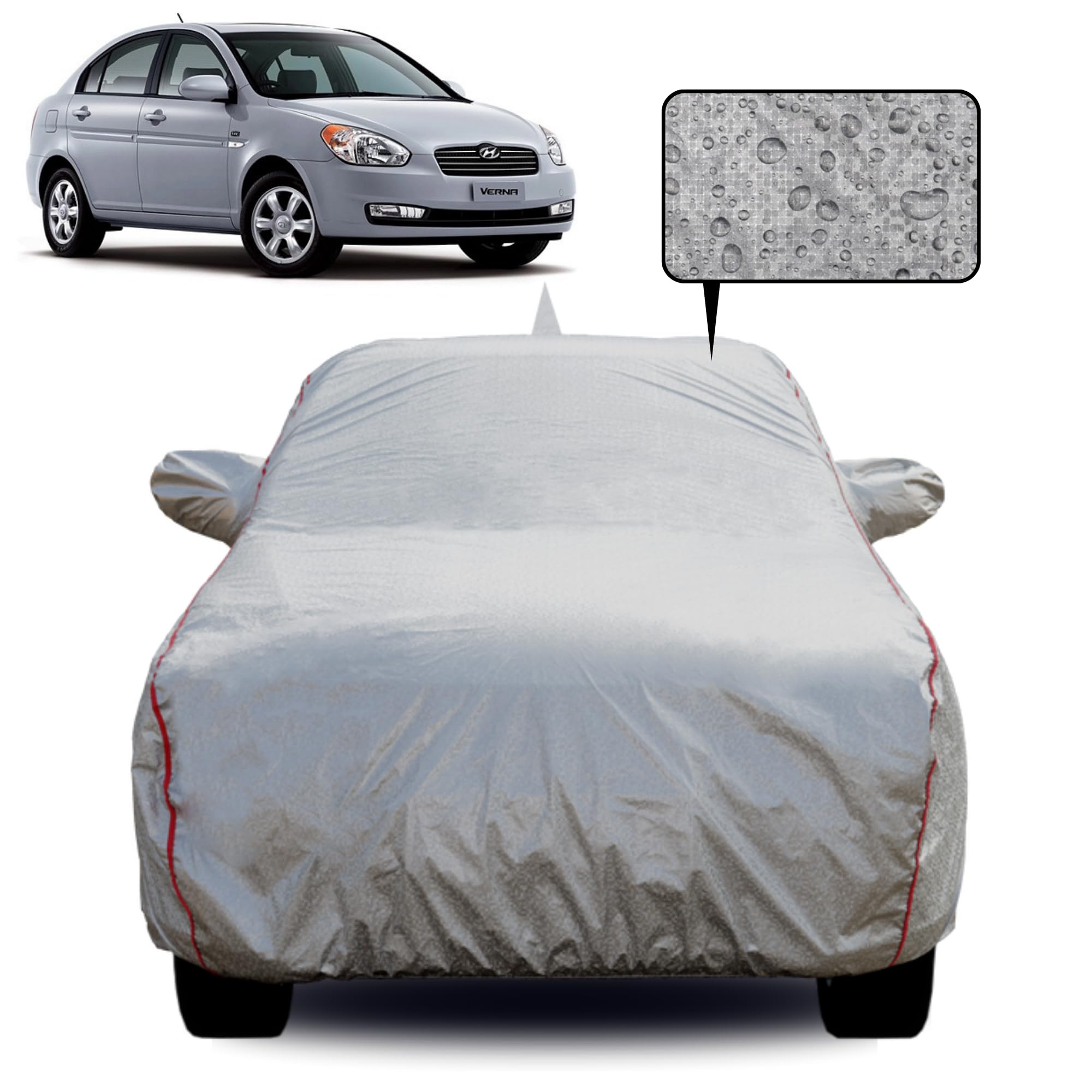Premium All-Weather Car Cover for Hyundai Verna 2006-2010 Model | Triple Layer | Waterproof, Dustproof, UV Protection | Mirror & Antenna Pockets | Windproof Buckles, Metallic Silver-image-19