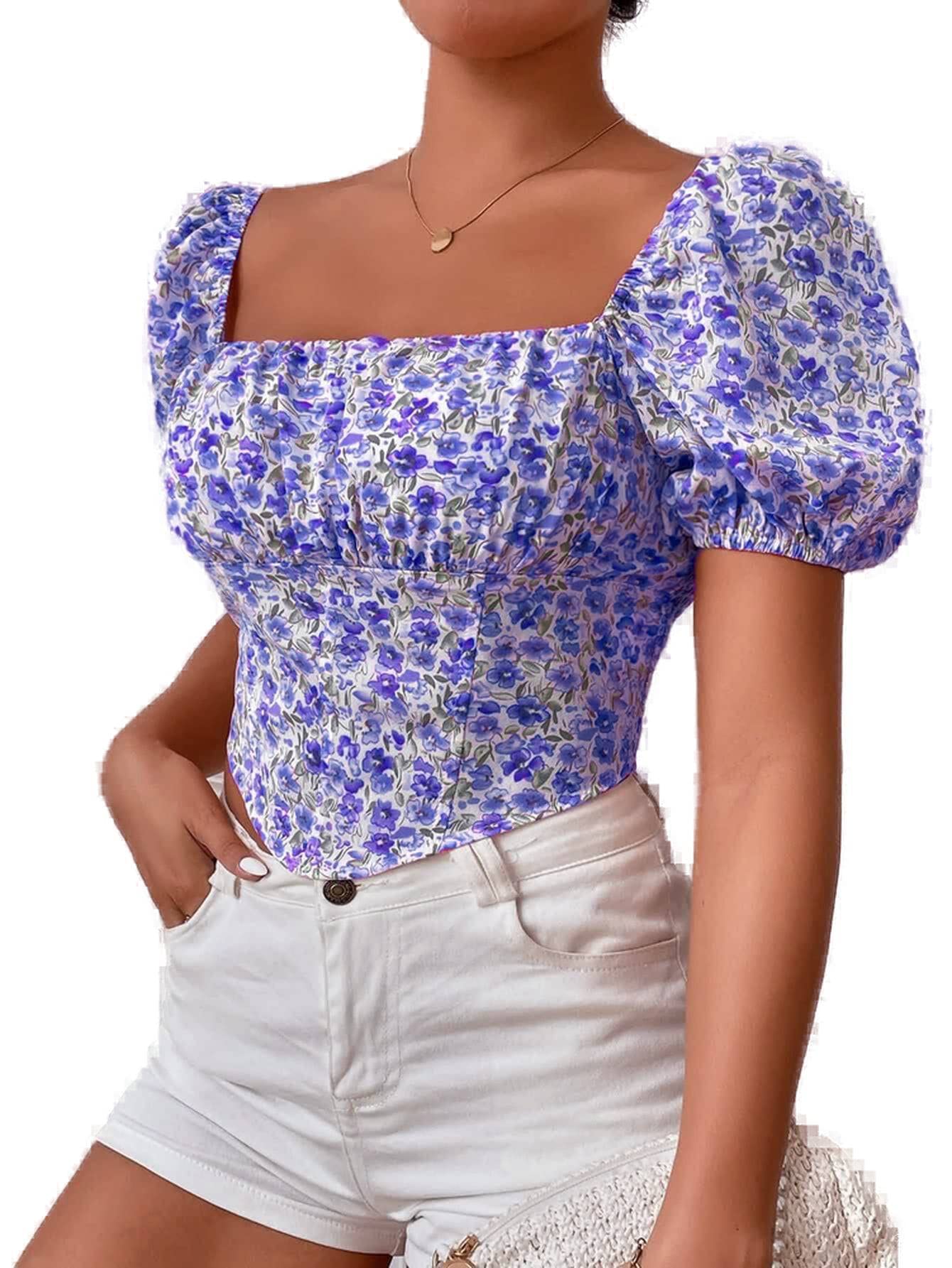 Women's Floral Printed Square Neck Puff Sleeve Top