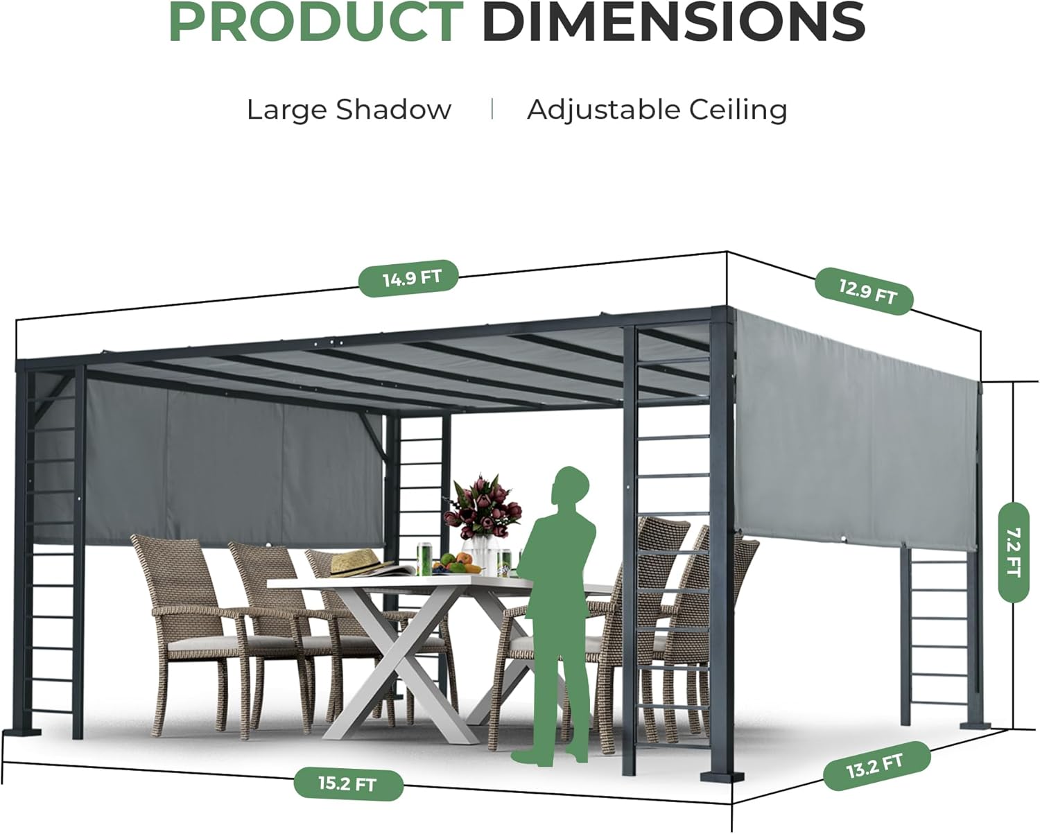 13' X 15' Outdoor Retractable Pergola, Aluminum Frame with Retractable Sun Shade Canopy, Patio Metal Pergola for Deck, Backyard, Garden