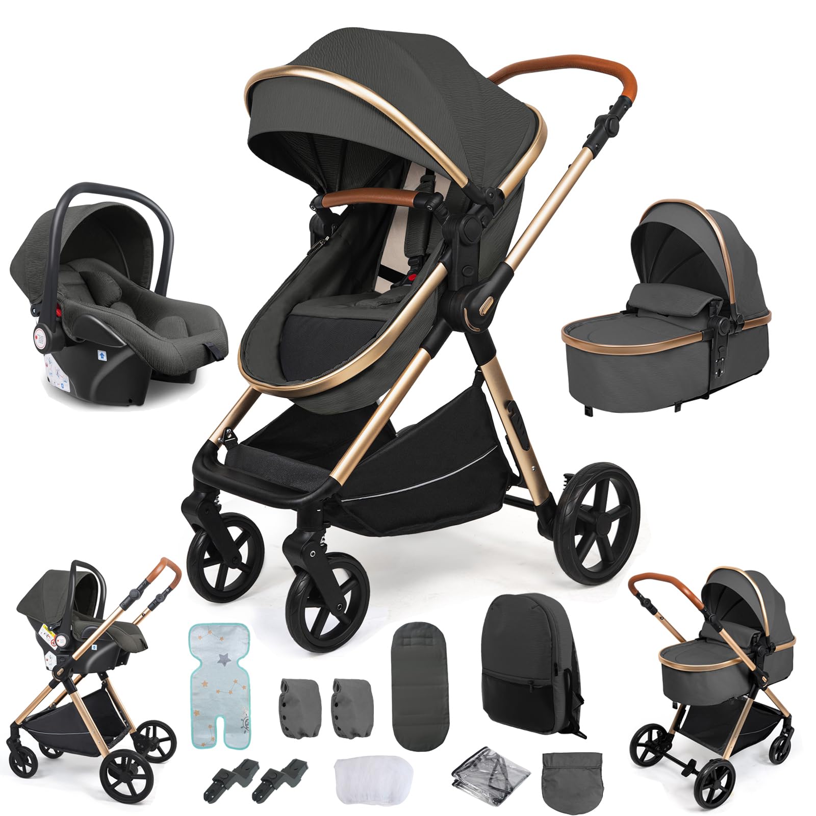 Doraystar Passeggino 3 in 1, Passeggino Trio con Due Modalità di Spinta Reversibile, Trio Passeggino Neonati con Design Pieghevole in Un Clic, Trio Neonato con Grande Nacelle Comoda (H2 Deep Grey)