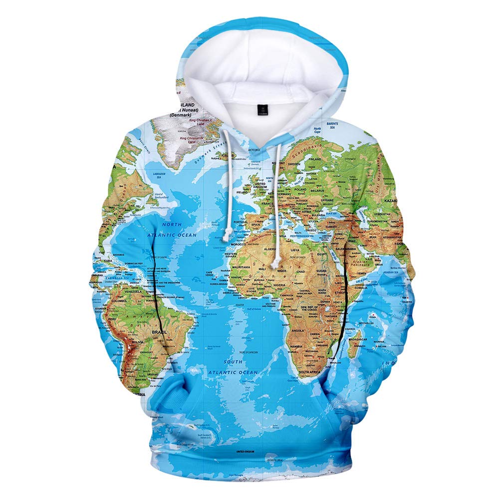 Keepmore Men's A Unisex World Map Printed Hoodies Couple Drawstring Pockets Sweatshirt Jumpers Long Sleeves Hooded