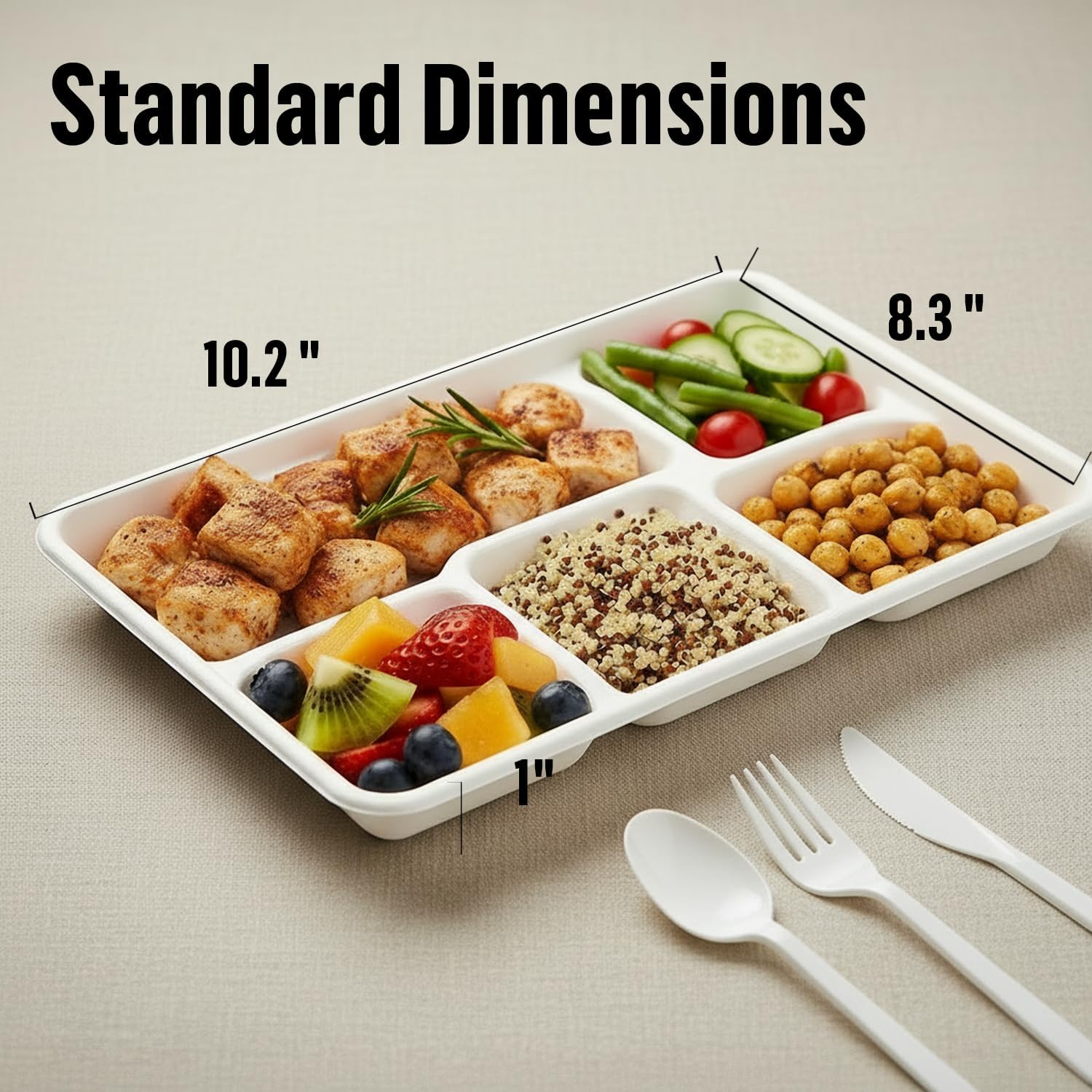 5 Compartment Compostable Heavy Duty Disposable Paper Plates, 150 Count | 10.2" X 8.3" | Natural Bagasse, White Biodegradable Eco-Friendly School Lunch, Buffet, Party Sugarcane Tray