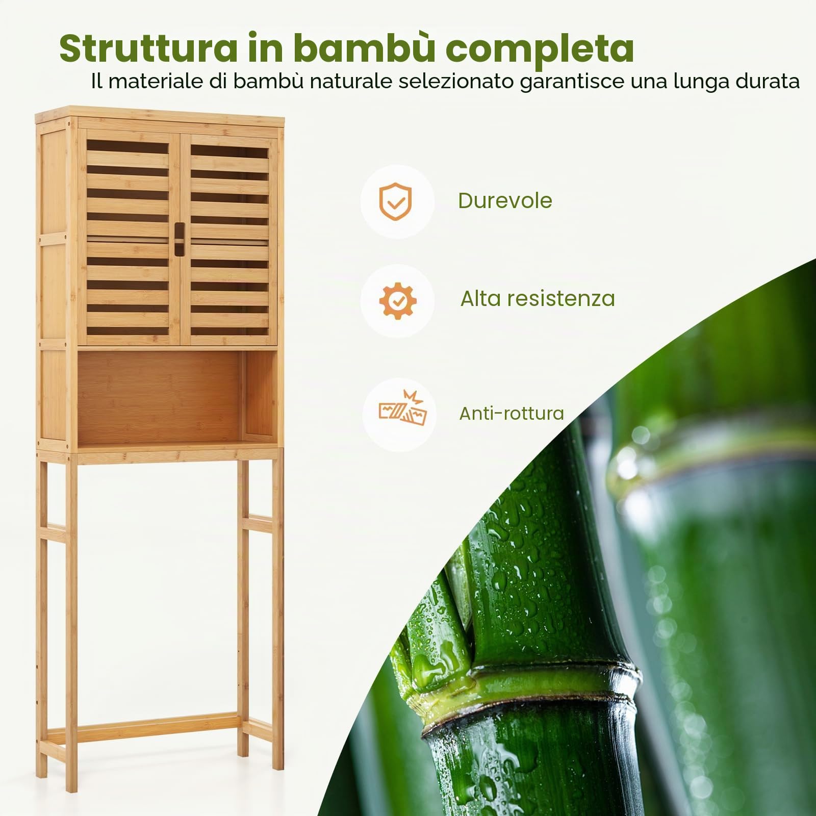 LIFEZEAL Mensola per WC in bambù, con 2 ante e ripiano aperto, armadietto autoportante per lavatrice, asciugatrice, armadietto per WC, bagno