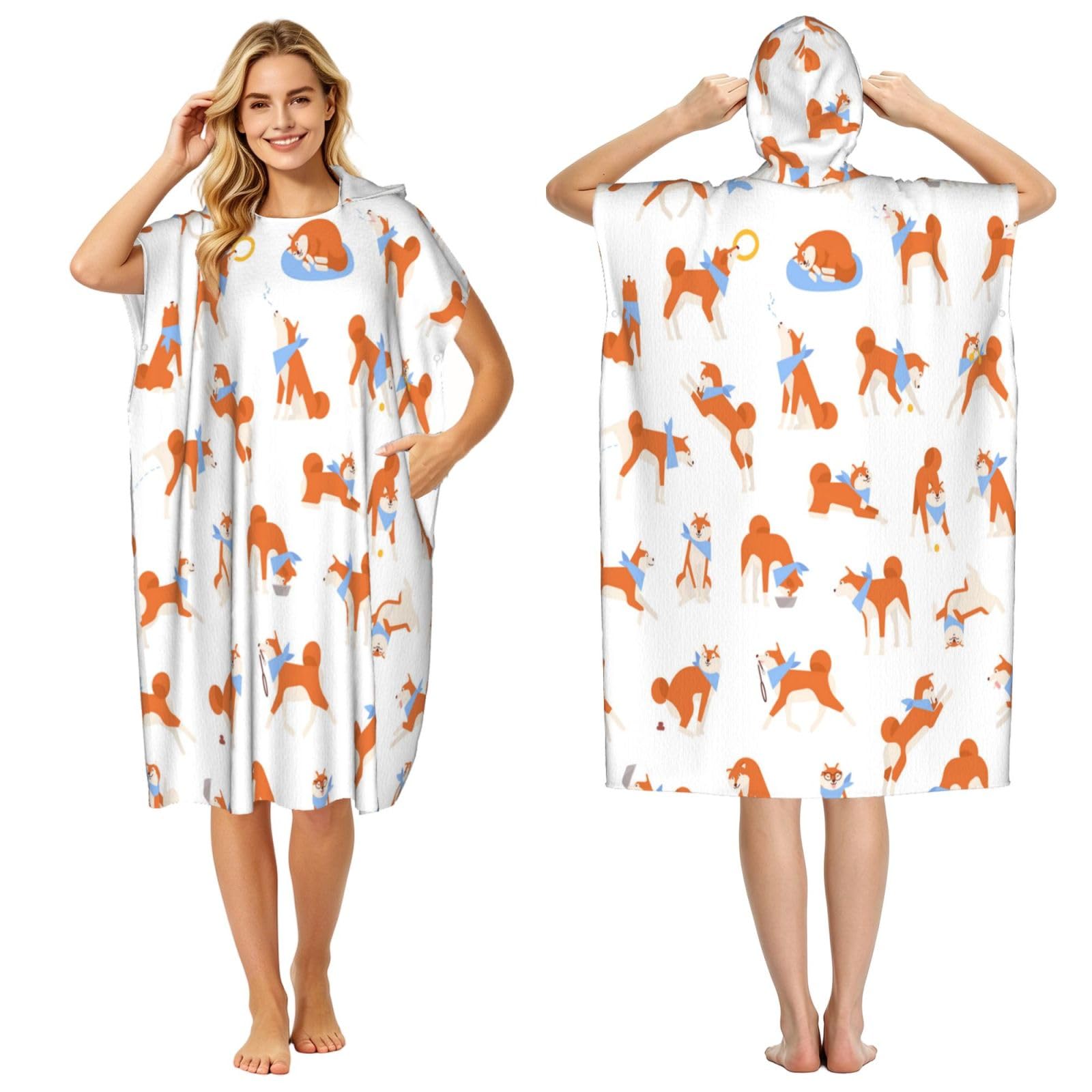 Poadnly Adorable Akita Inu, Adult Hooded Beach Towel 90 x 110 cm,Changing Bath Robe, Surf Poncho Towel For Women Men