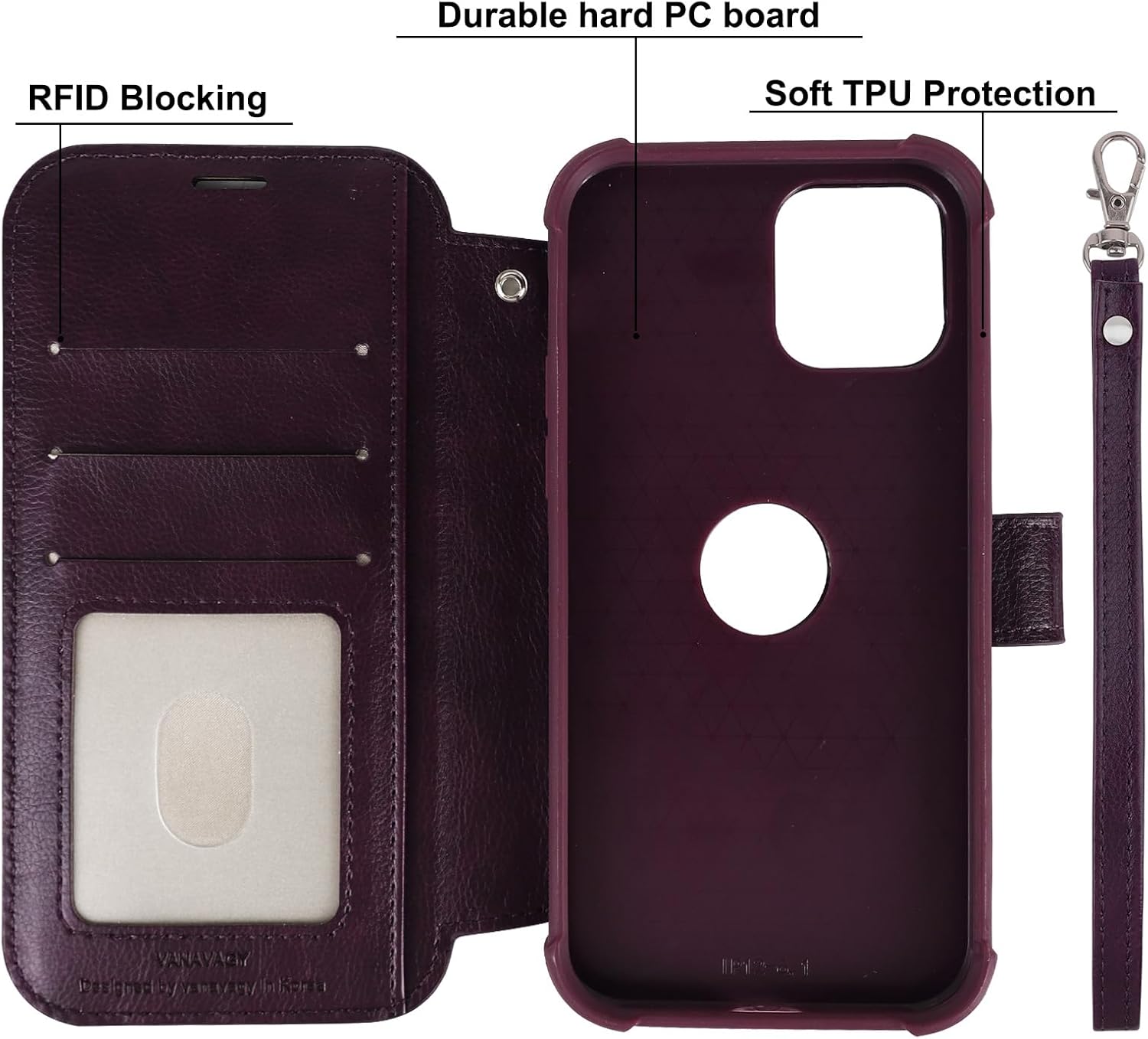 VANAVAGY Compatible for iPhone 14/13 Wallet Case for Magsafe Wireless Charging, PU Leather Flip Folio Phone Cover with Wrist Strap RFID Blocking Card Holder Screen Protector,Purple - Image 4