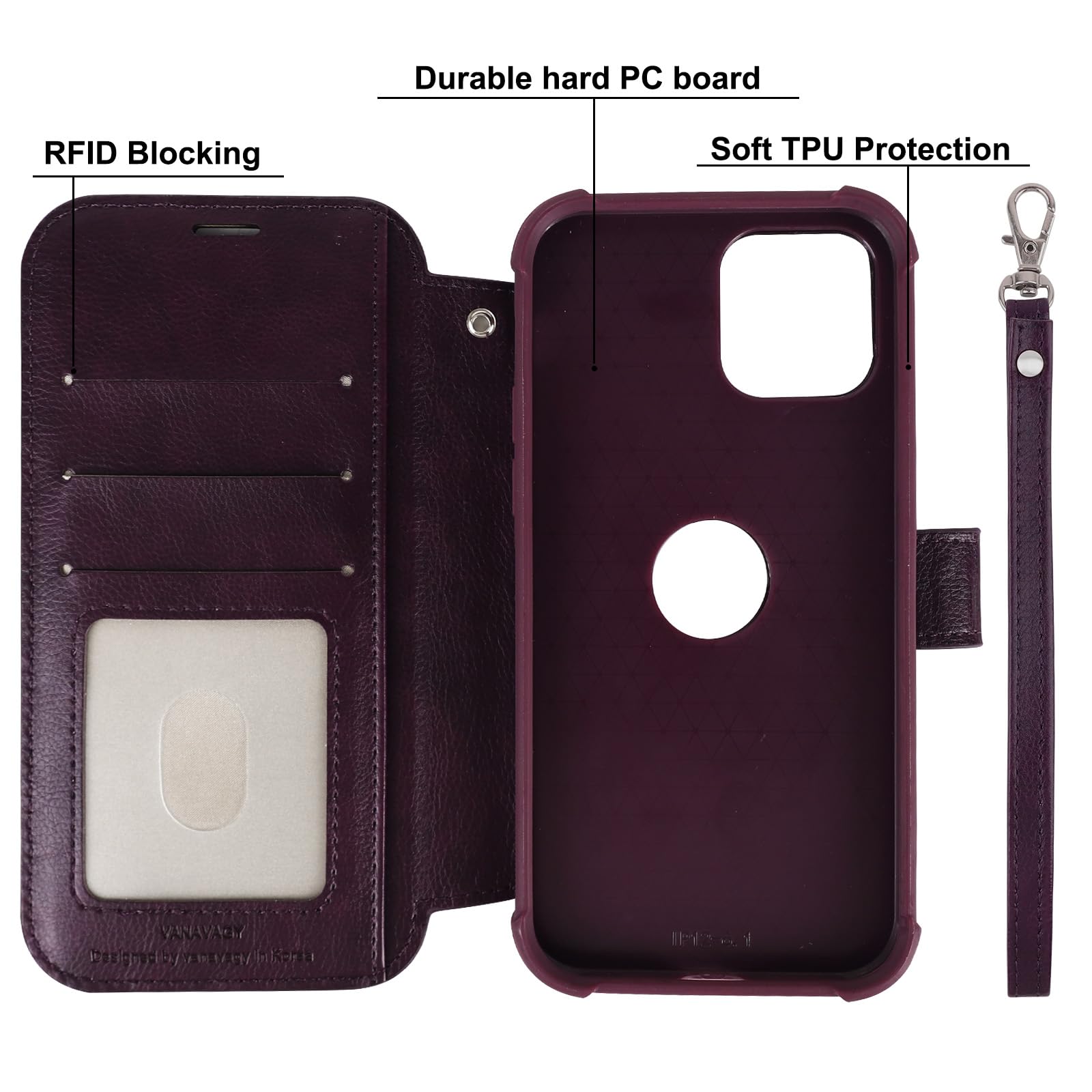 VANAVAGY Wallet Case Compatible For IPhone 14/13 For Magsafe Wireless Charging,Leather Flip Wrist [Glass Screen Protectors]with RFID Blocking Card Holder,Purple - View #4