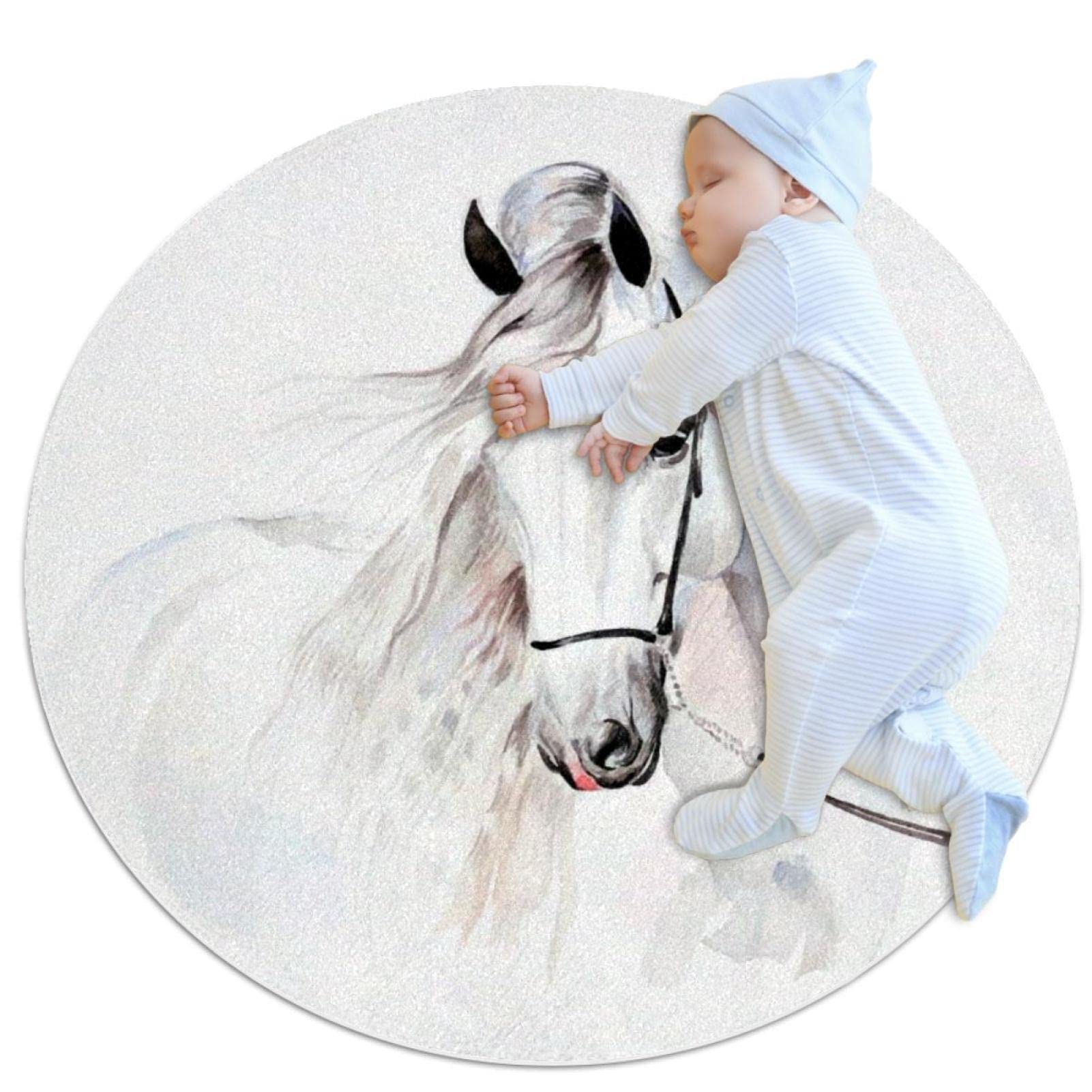 Tapis de salle de bain motif cheval blanc rond 1 m haut de gamme