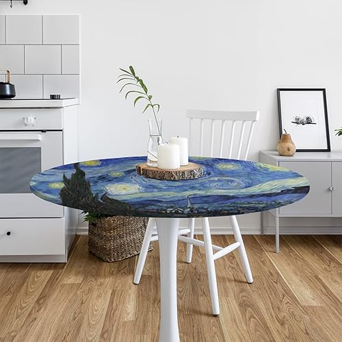Miniatura 7 de Pardick Mantel redondo ajustable de noche estrellada, mantel redondo Van Gogh Art con bordes elásticos, mantel impermeable lavable para mesas de