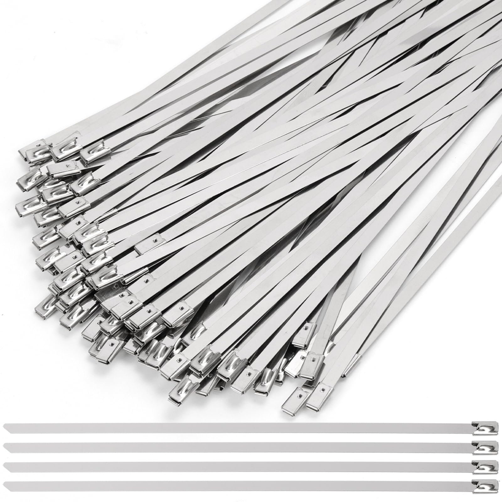 Keadic 100Pcs Metal Zip Ties, 304 Stainless Steel Cable Ties Assorted Kit, Heavy Duty Zip Ties, Multi-Purpose Cable Ties for Exhaust Wrap, Chain Link Fence Parts, Machinery, Cables, Farms(400 MM)