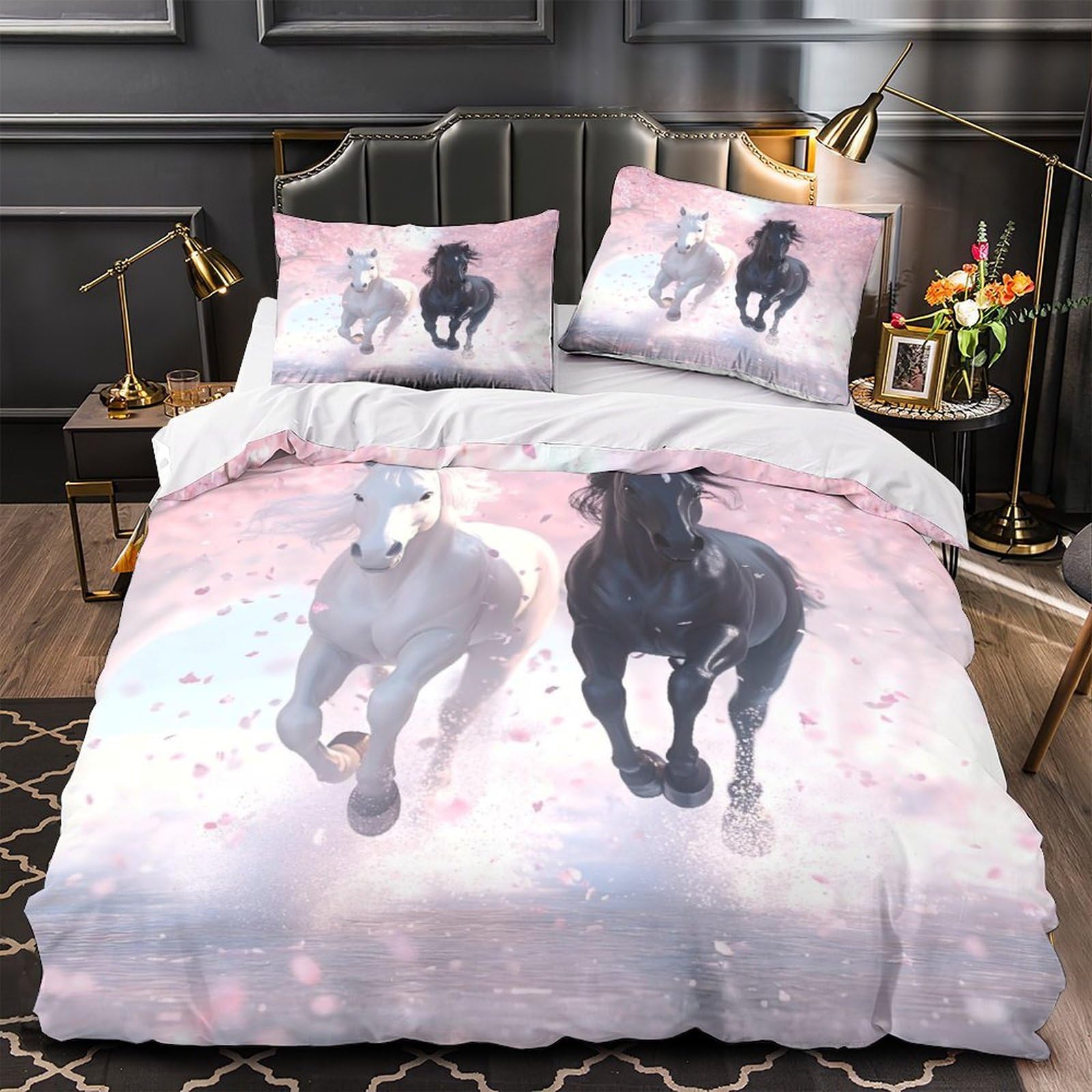 Housse de couette cheval blanc 140x200 cm avec taie en microfibre