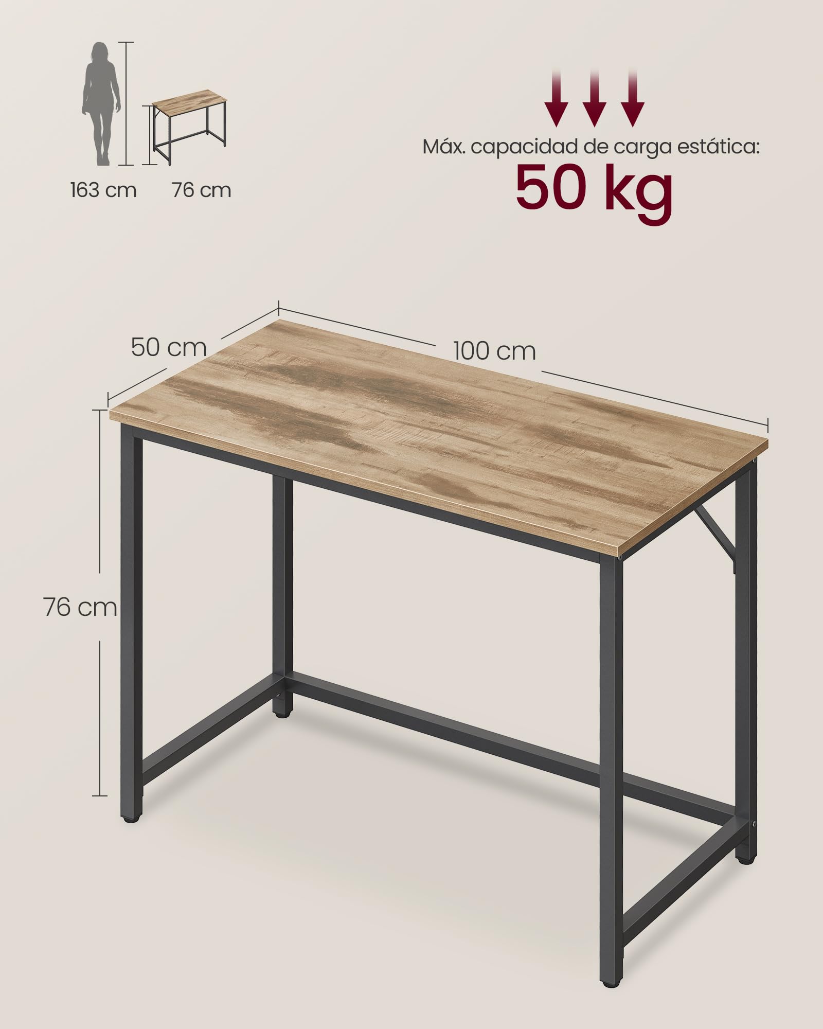 VASAGLE Escritorio, Mesa Oficina Pequeña y Estación Trabajo, Mesa para Teletrabajo, Estudio, Dormitorio, 50 x 100 x 76 cm, Estilo Moderno, Estructura Metal, Marrón Camello y Negro Tinta LWD041K01