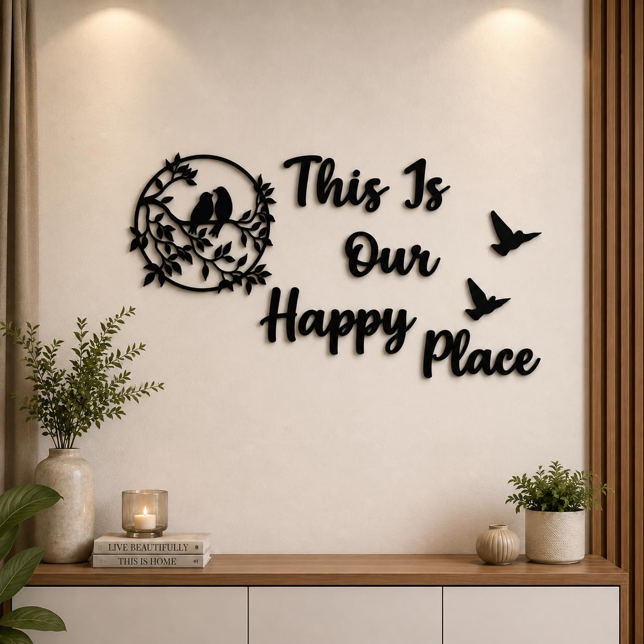 “This Is Our Happy Place” Wooden Wall Decor with Birds | Inspirational Quote Wall Art | Black Finish Farmhouse Modern Wall Hanging for Living Room Bedroom Nursery Home Décor-image-48