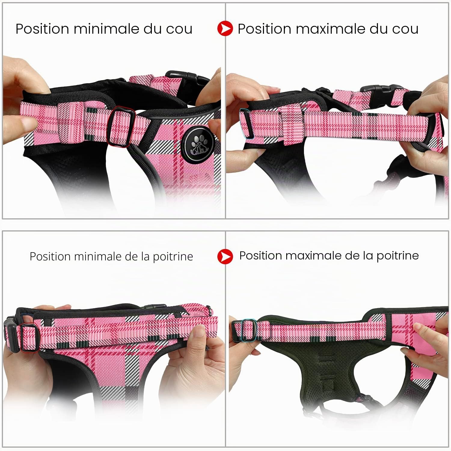 NESTROAD Colliers, Harnais Veste et Laisses Anti Traction pour Chiens Moyen, Couleur Rose Plaid Taille M Arnet pour Chien Le Cou 33~43CM Poitrine 43~64CM, Harnais Chien Voiture, Accessoire Chien
