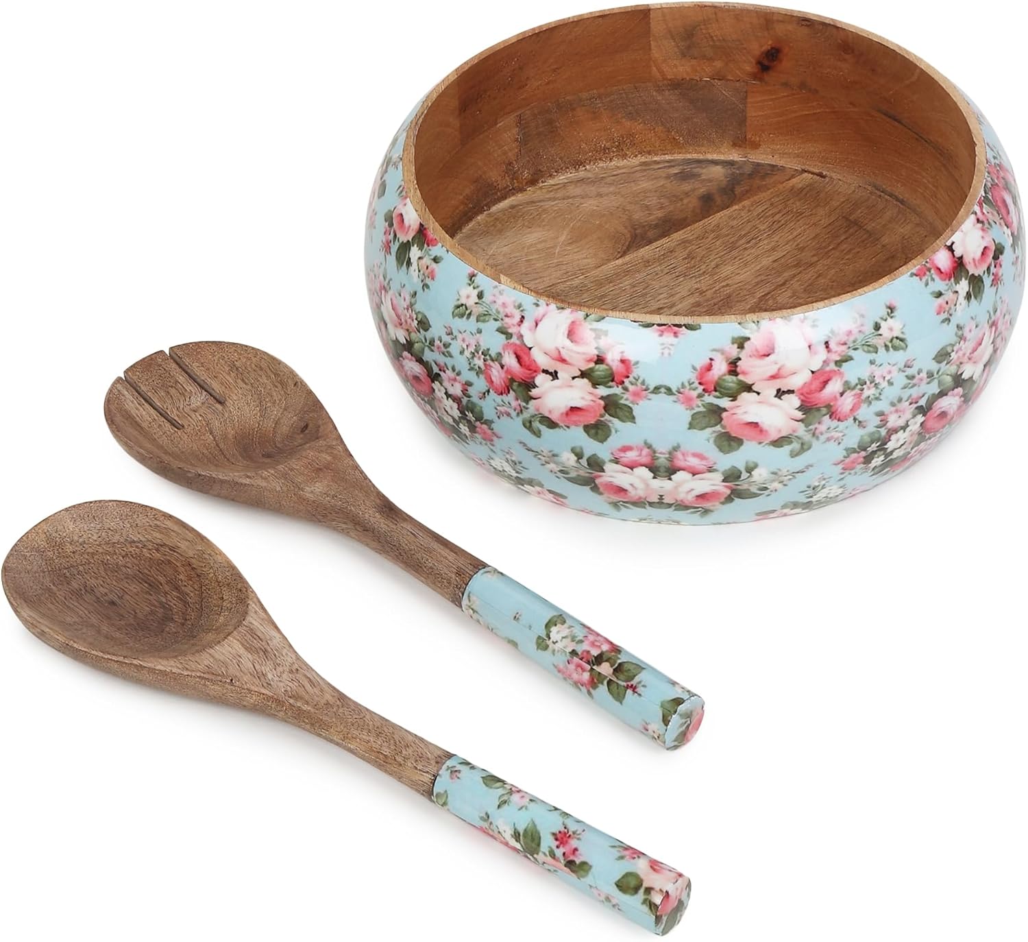 Hand Painted Round Salad Wooden Tray with Serving Spoon Mango Wood Wooden Serving Trays for Kitchen Snacks Tray Set for Home Antique Breakfast Decorative Tray for Dining Table