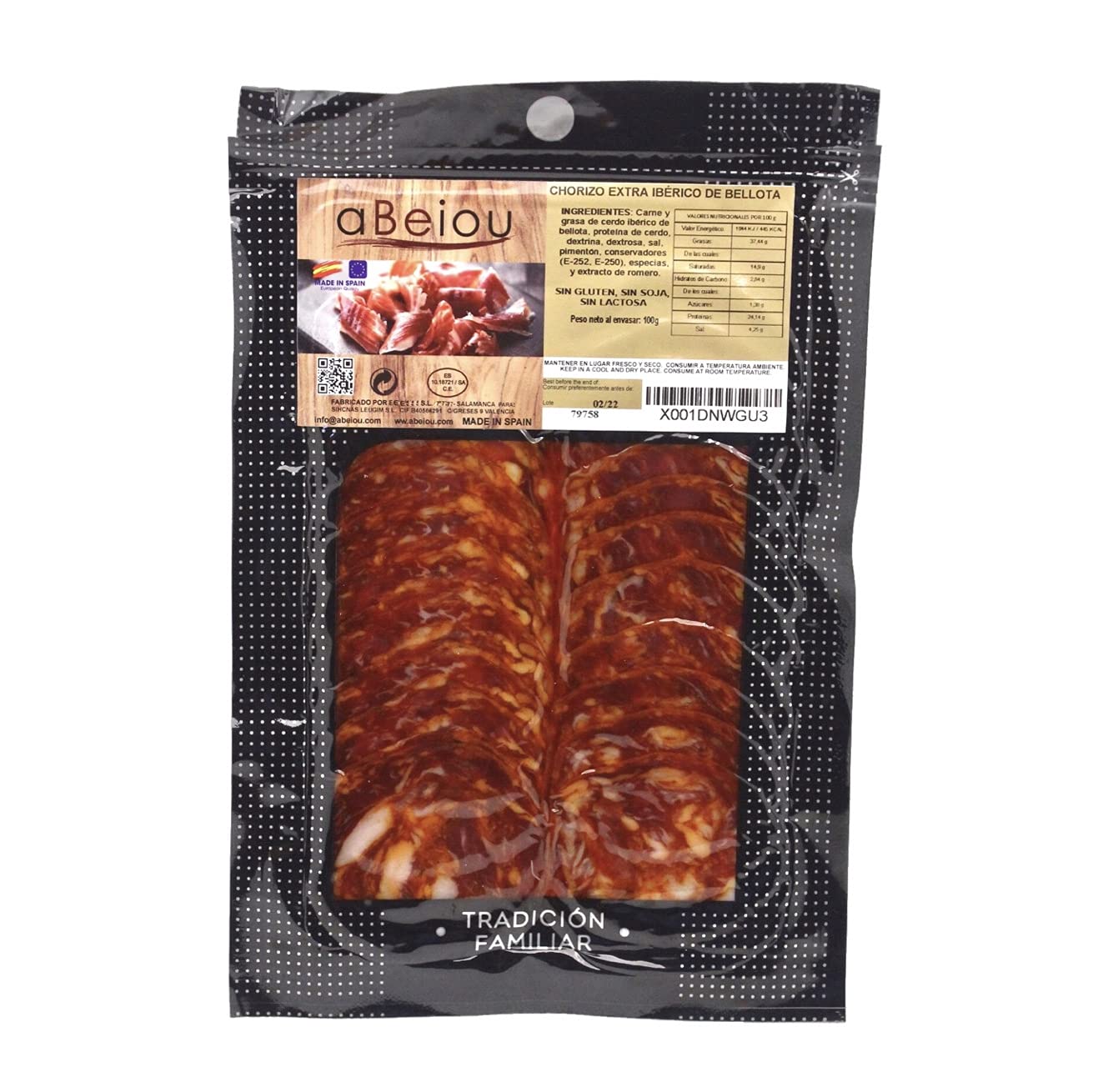 Chorizo Ibérico de Bellota Loncheado 50% Raza Ibérica 500 g (5×100 g) — Curación +16 Meses — Cert. Hycer — Guijuelo Salamanca — aBeiou — view 20