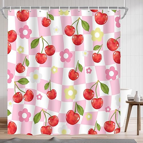 Miniatura 2 de Cortina de ducha de cereza rosa con diseño floral de cerezo para decoración de baño, 72 x 72 pulgadas, lavable de poliéster preppy Funky Groovy