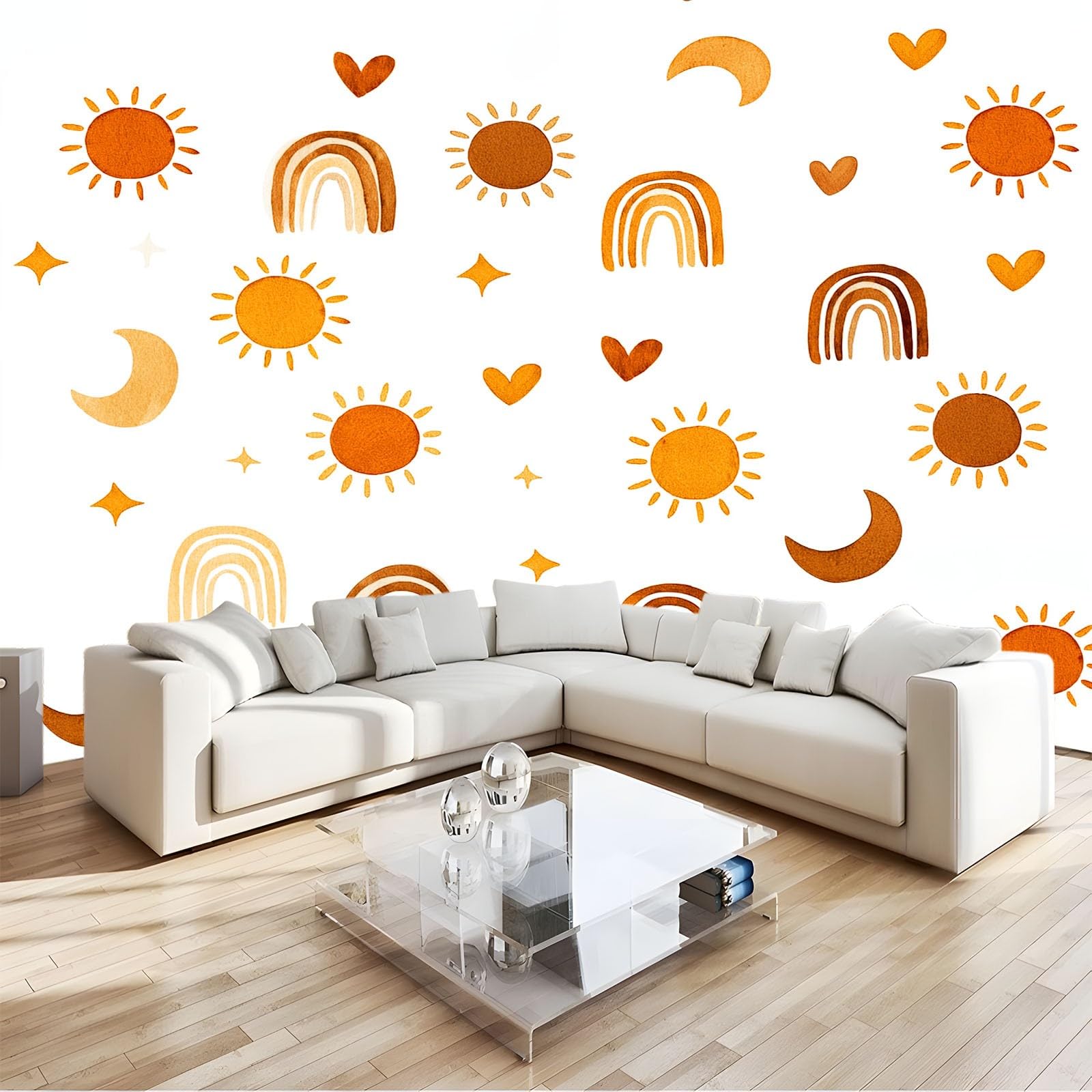 Tapeta z włókniny 400 x 280 cm (szer. x wys.), fototapeta z efektem 3D, dekoracja ścienna do salonu, sypialni, jadalni, tapeta ścienna, łatwa w montażu, biała, postać z kreskówki, słońce, tęcza