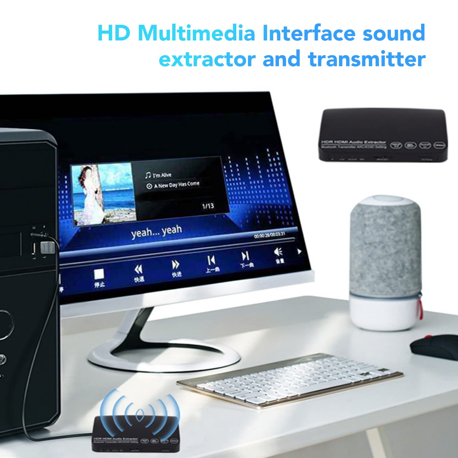 ciciglow Séparateur D'extracteur Audio HDMI 4K, Extracteur Audio 60Hz HDCP2.2 HDR, Séparateur Audio Arc Synchrone avec émetteur Bluetooth 5.0 pour Ordinateur