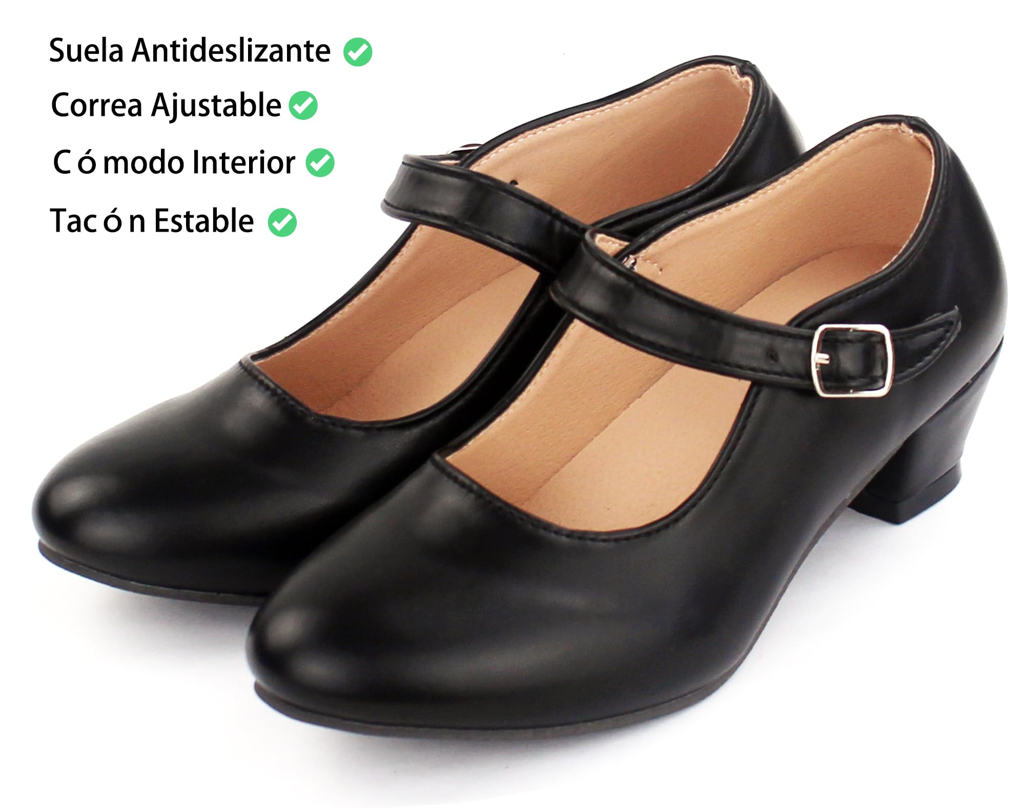Zapatos Flamenco Niña Baile Danza Sevillanas con Tacón Correa Ajustable, Suela Antideslizante