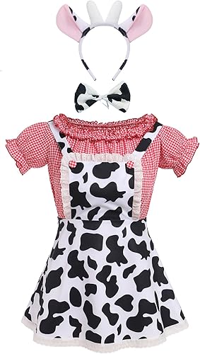IMEKIS Disfraz de vaquera occidental para mujer, disfraz de Halloween de vaca + vestido con estampado de vaca + diadema + corbatín para cosplay