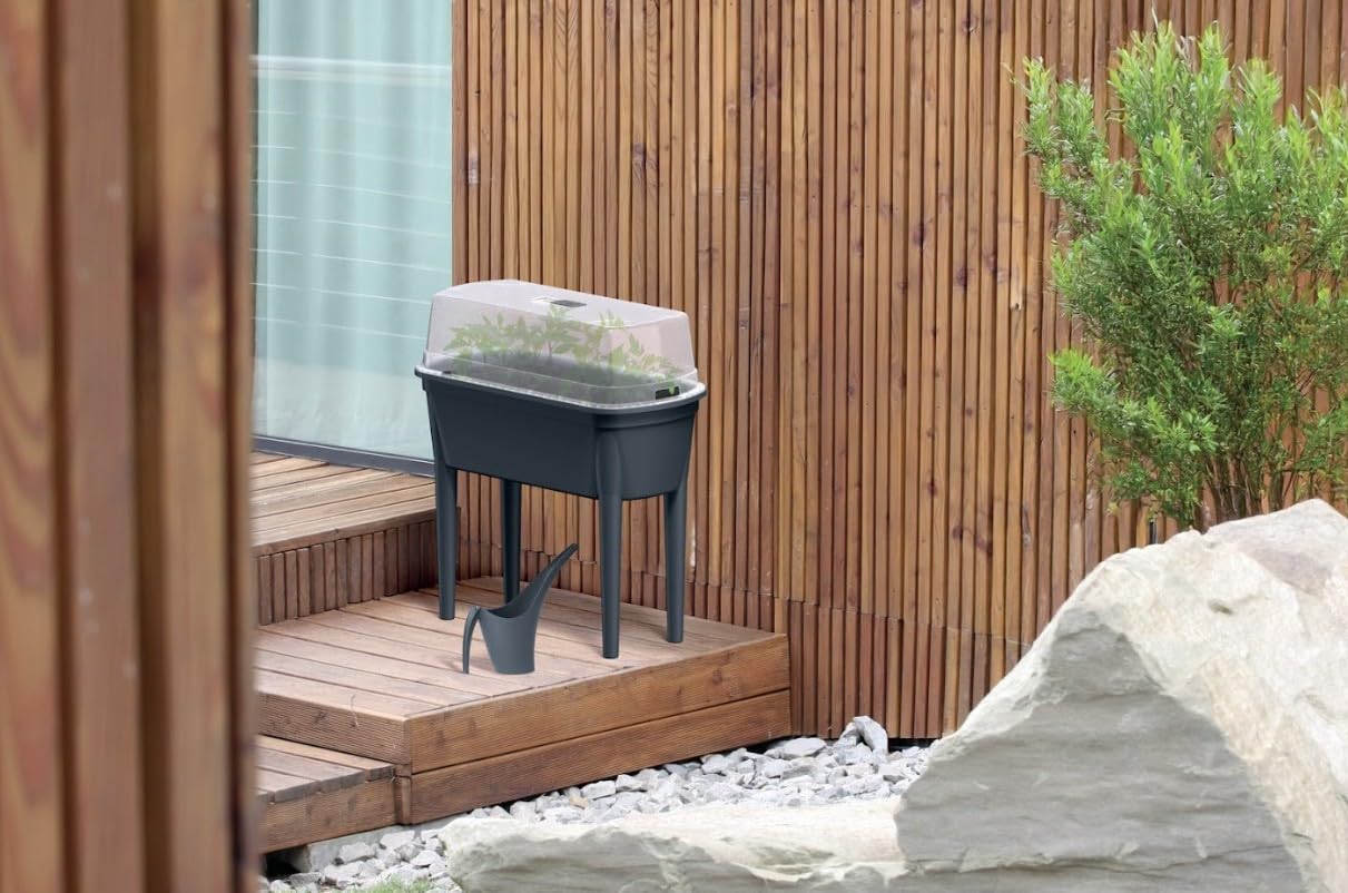 BirnePower Potager sur Pied avec Couvercle DBLP780 Gris Pierre. Mini Serre de Jardin 47L 775x378x820 mm. Bac de Culture avec Ventilation et Pieds Amovibles (1 Pièce)
