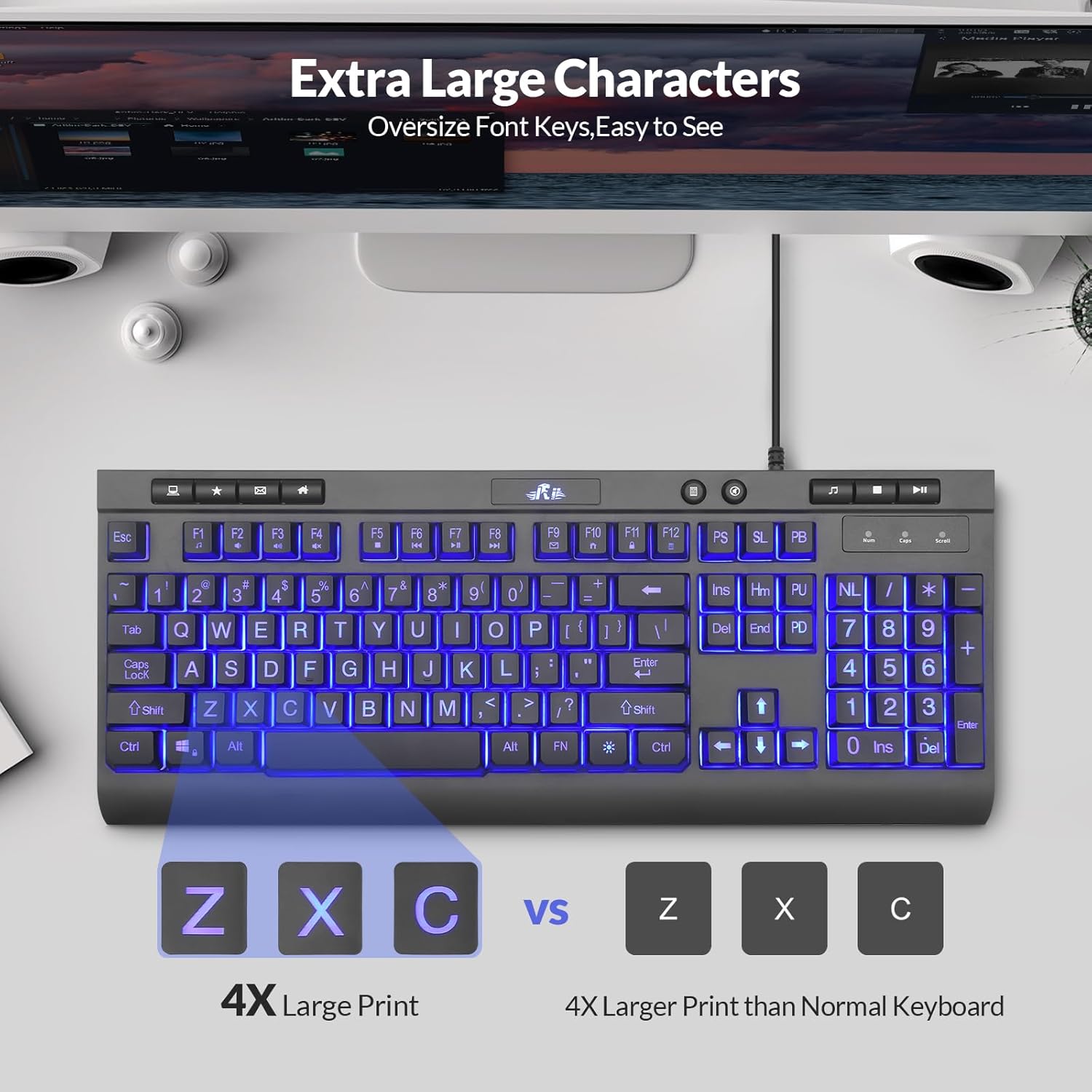 Comparison of standard key size versus 4X larger print keys on the Rii RK900Pro keyboard