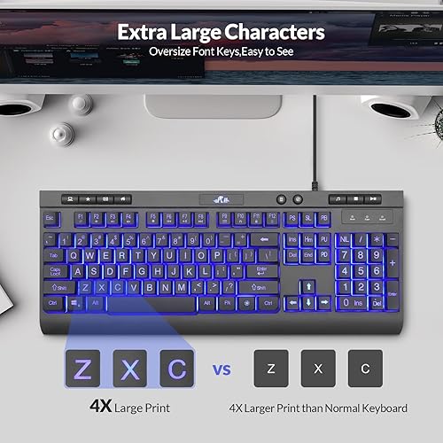 Miniatura 2 de Rii RK900Pro Teclado retroiluminado de impresión grande, teclado USB de computadora de tamaño completo con cable con retroiluminación azul,