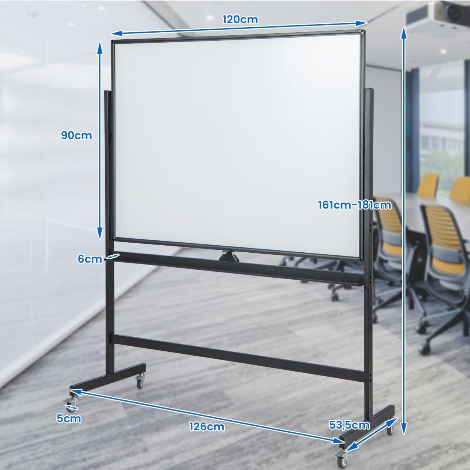 LIFEZEAL Pizarra Blanca Móvil Doble Cara Giratoria 360° (120x90CM, Negro) | Pizarra Magnética de Pie con Soporte, Altura Ajustable para Hogar, Oficina y Escuela