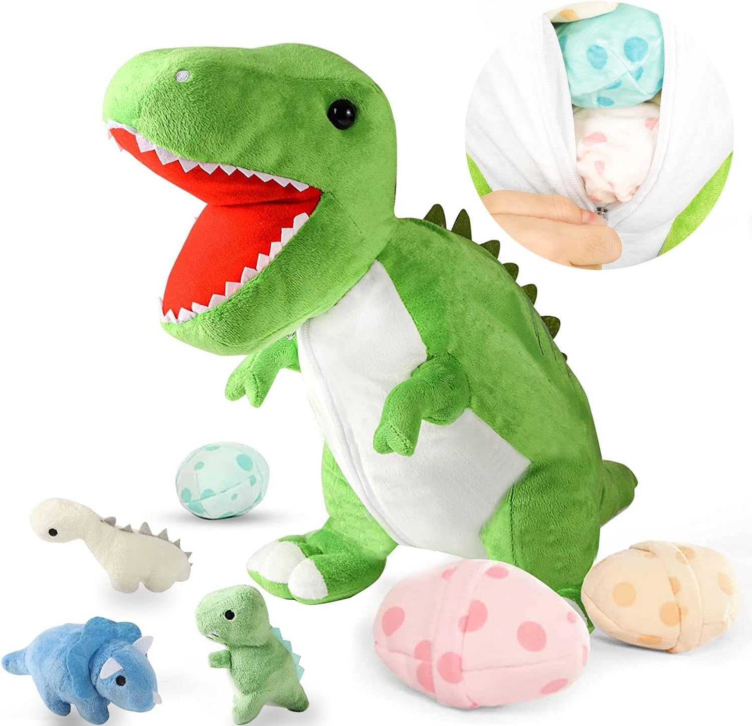 corgi butt 23.6'' T-rex Stuffed Animal Set with 3 Dinosaur Plush Toys Inside, Large Zippered Pouch for Boys, Colorful Dinosaur Plushies for boy Ages 3
