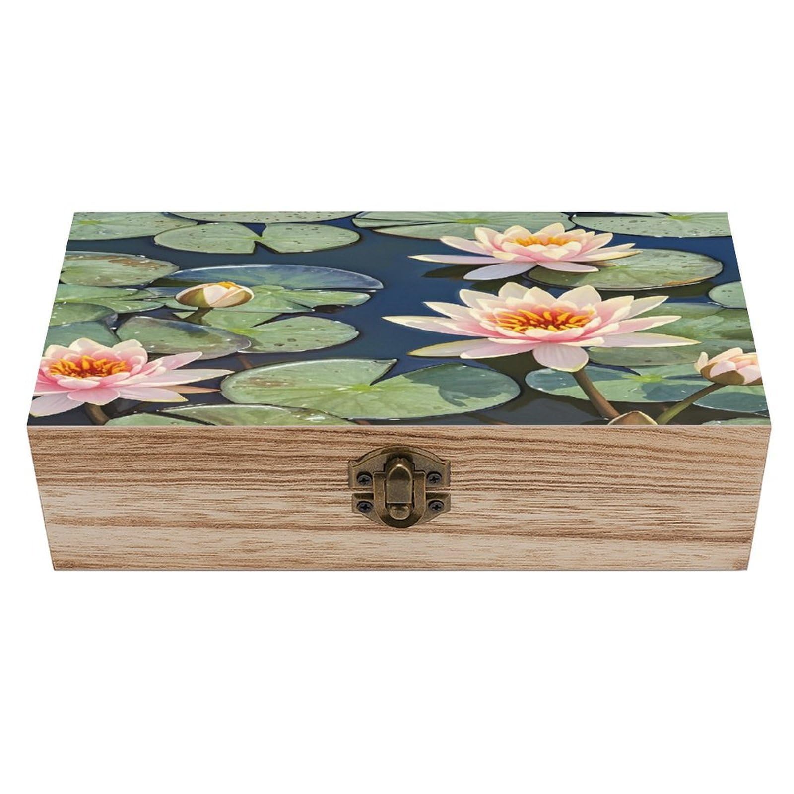 LZQPOEAS Peach Water Lily Painting Wooden Box Storage Space to Organize Jewelry in A Beautiful Small Storage Box Decorative Card Boxes Memory Treasure Boxes for Crafts And Photo Storage