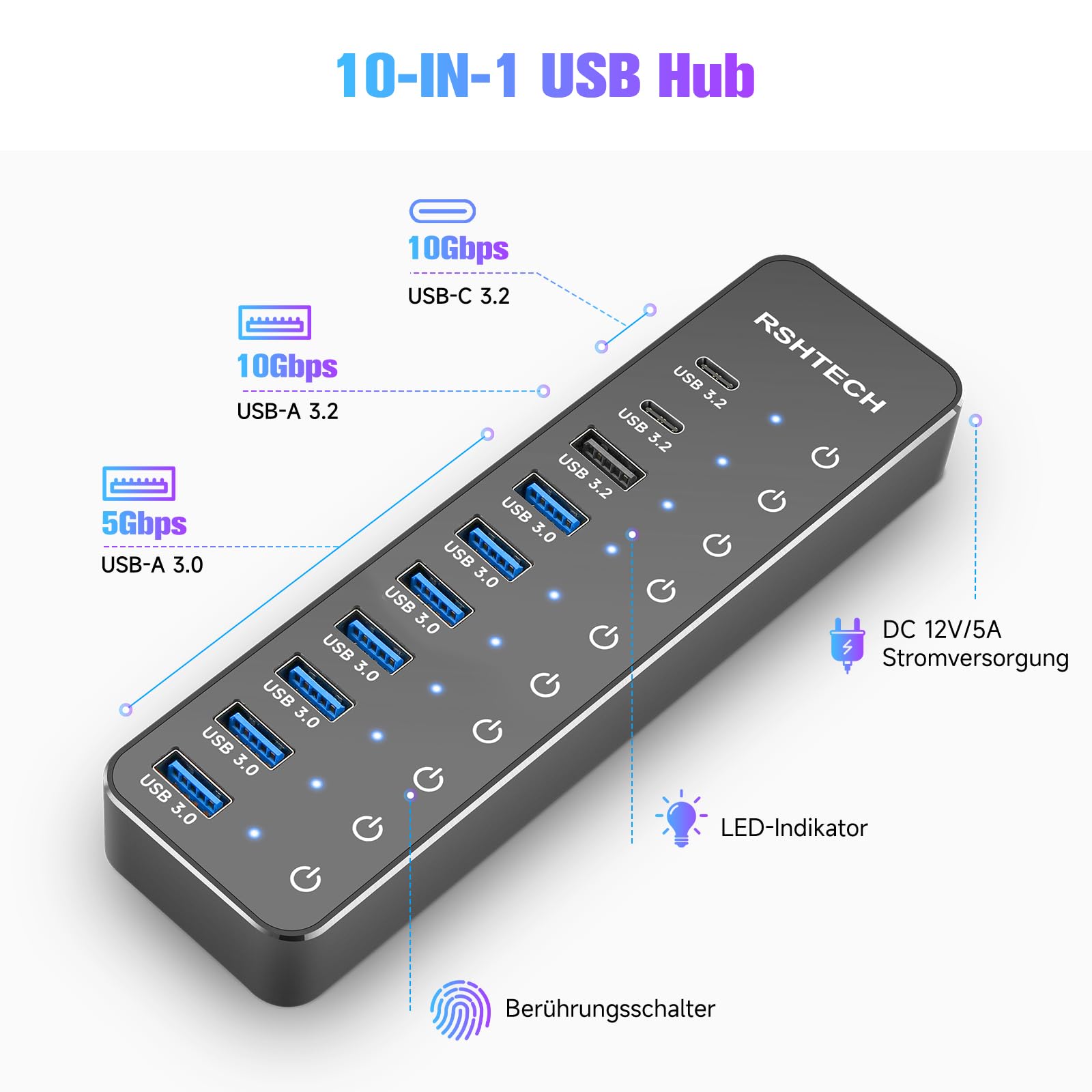 Hub USB Alimentación, RSHTECH Hub USB 3.2/USB C 10 Puertos con Puertos Datos USB-A 3.2 y 2X USB-C 3.2 10Gbps, 7 Puertos USB-A 3.0 y Alimentación 12V/5A, Interruptores Individuales, RSH-ST10C