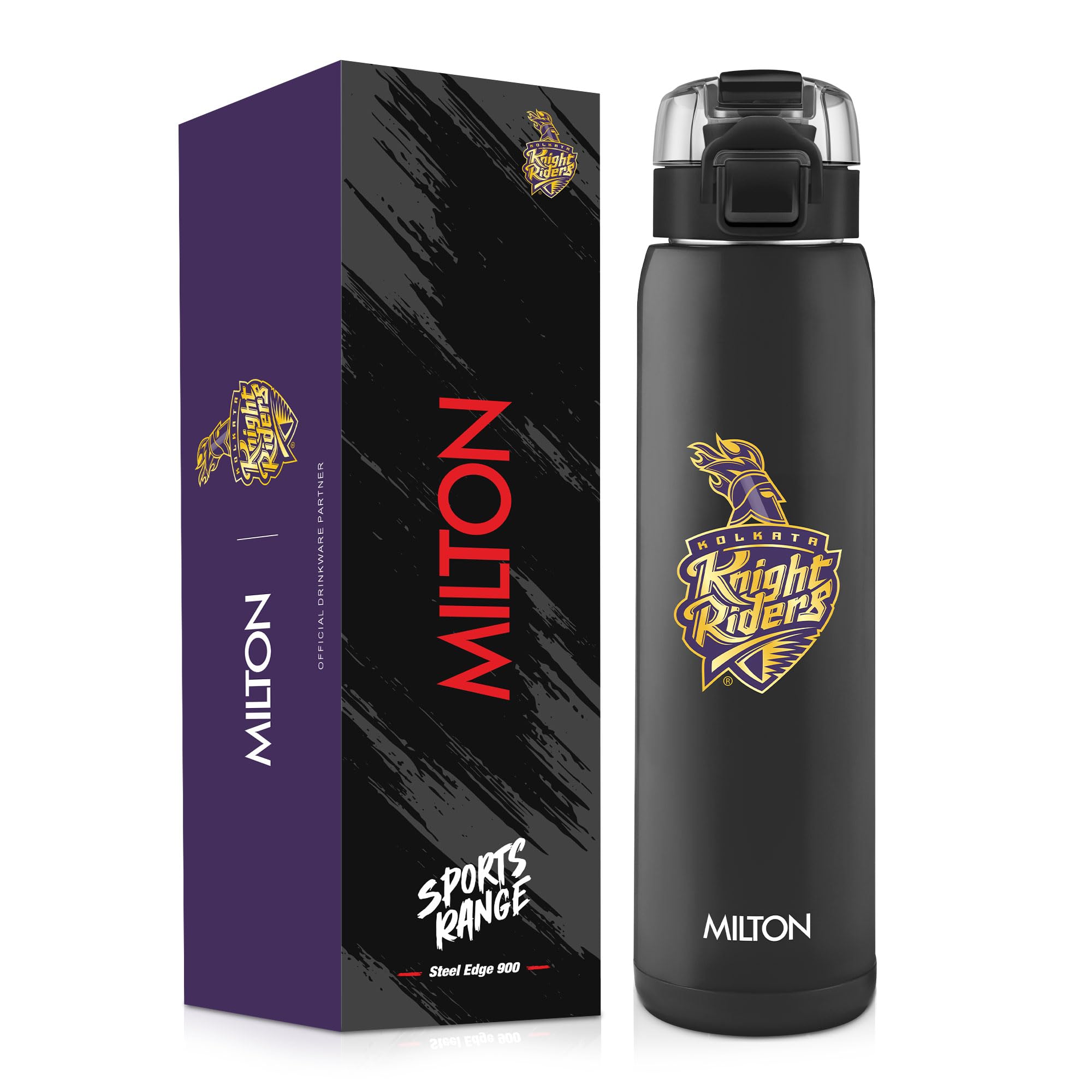 Milton Sports Steel Edge 900 | KKR Official Drinkware Partner I Limited Edition Kolkata Knight Riders Water Bottle | PU Insulated Sipper with Twin Lid | Designed for Cricket Lovers I 600 ml | Black