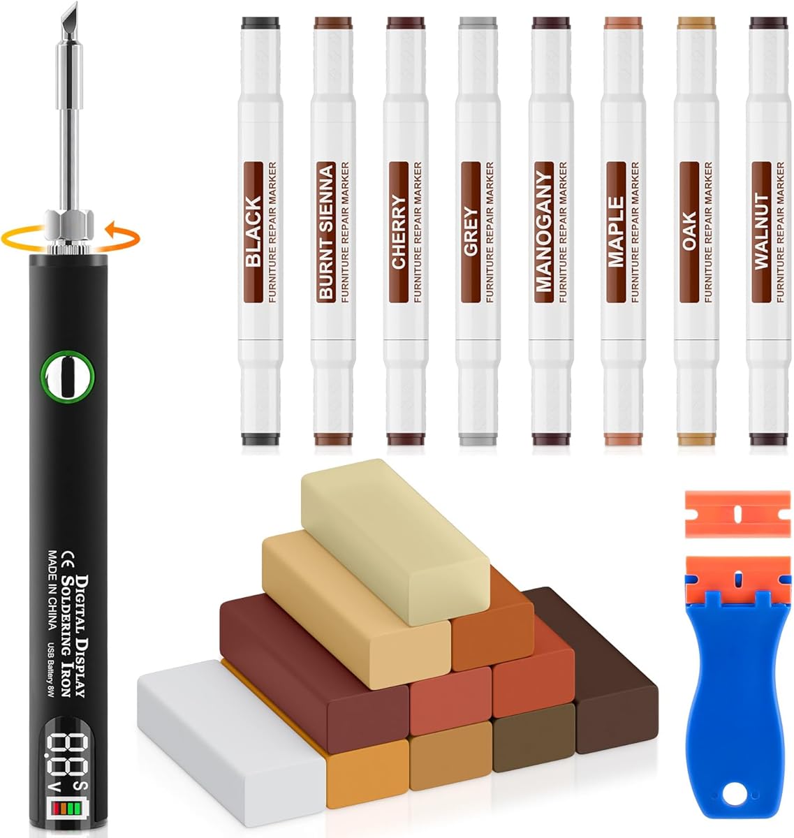 Vinyl Floor Repair Kit with Upgraded Heat Pen - 11 Colors Hardwood Wax 8 Colors Dual Tip Furniture Touch Up Markers, Laminate Flooring Scratch Repair Kit Covers Wooden Scratches, Cracks, Holes