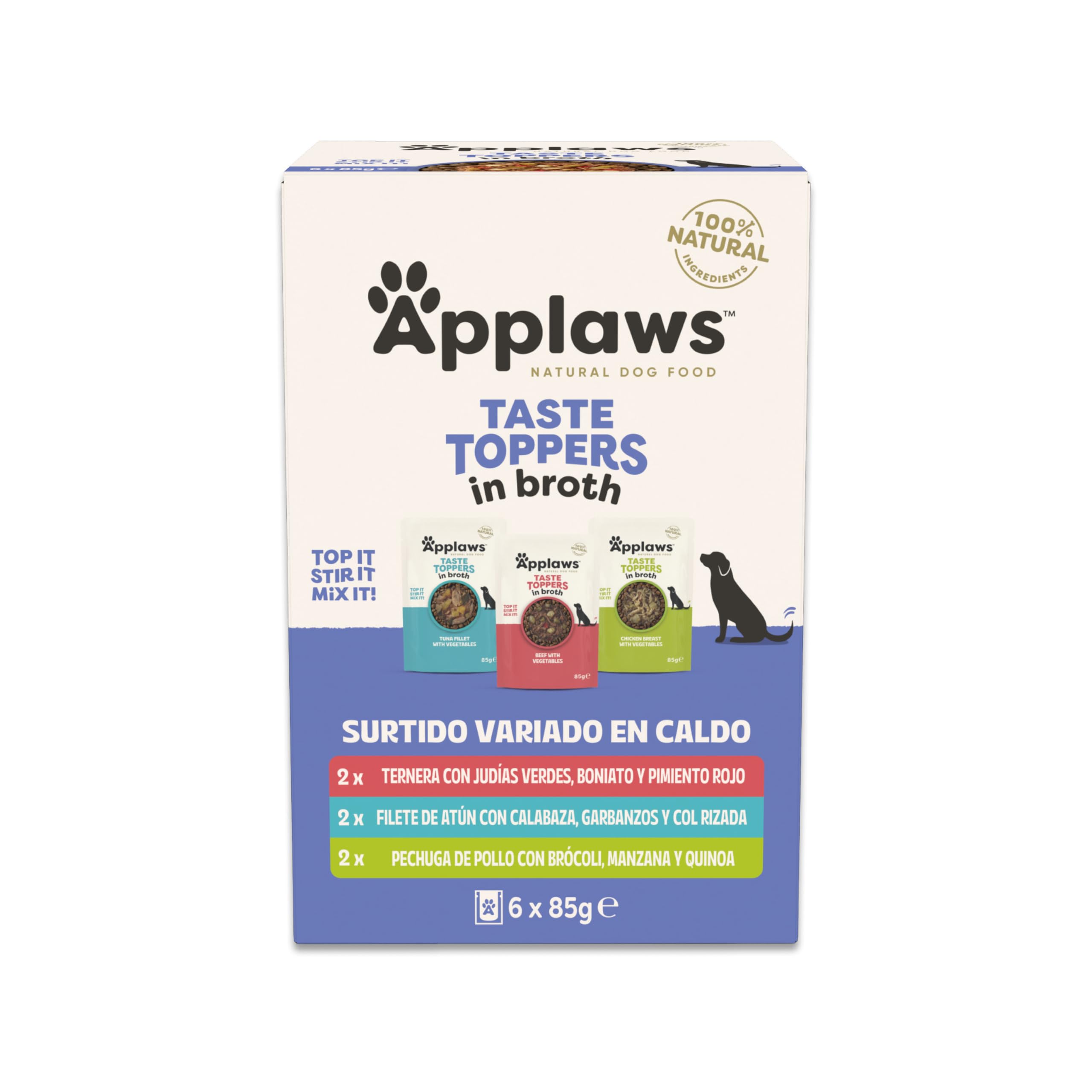 Applaws Comida Húmeda para Perros Natural, Surtido de Carne y Pescado sin Granos en Caldo, Paquete de 6 Bolsitas de 85g