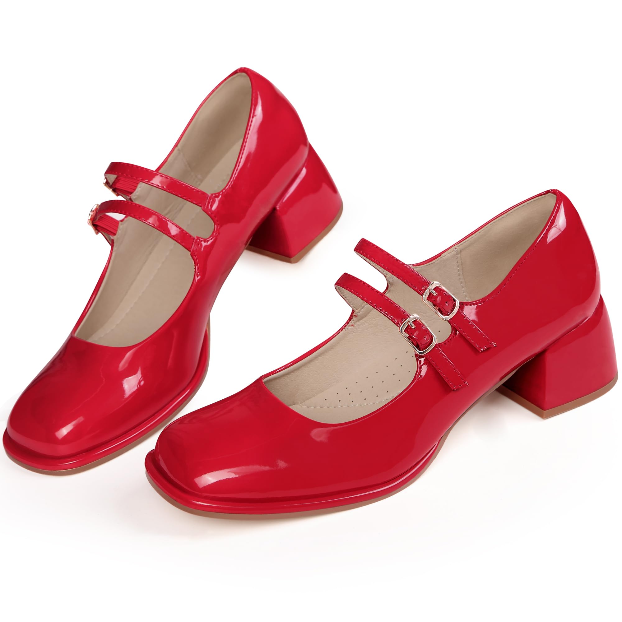 Women's Square Toe Ankle Strap Block Heels Mary Jane Pumps