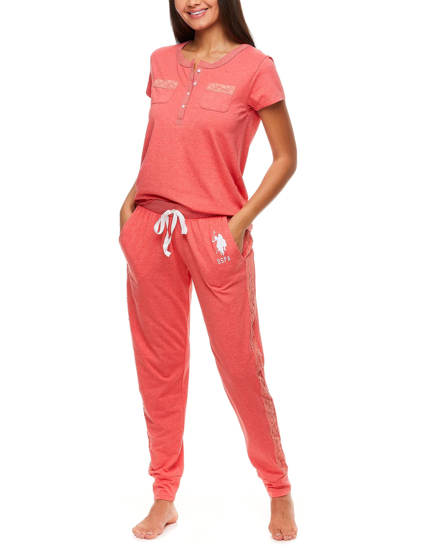 U.S. Polo Assn. Womens Pajama Set with Pockets - Short Sleeve Shirt and Pajama Pants Pj Set Georgia Peach Heather Plus Size 1X-Large