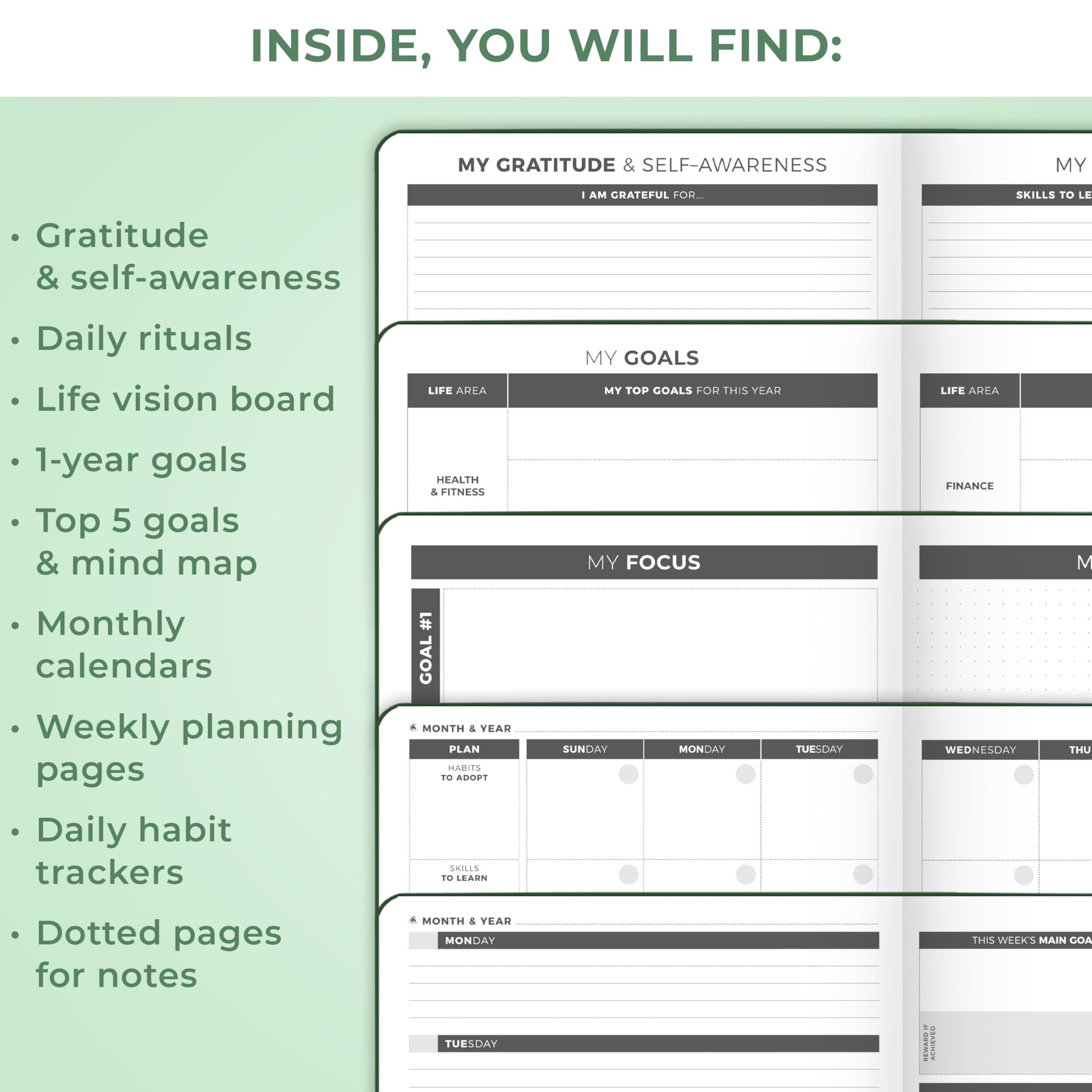 Clever Fox Planner grande – Agenda settimanale e mensile non datata per produttività, gestione del tempo e obiettivi – Diario organizer – 17,8 x 25,4 cm (verde foresta)