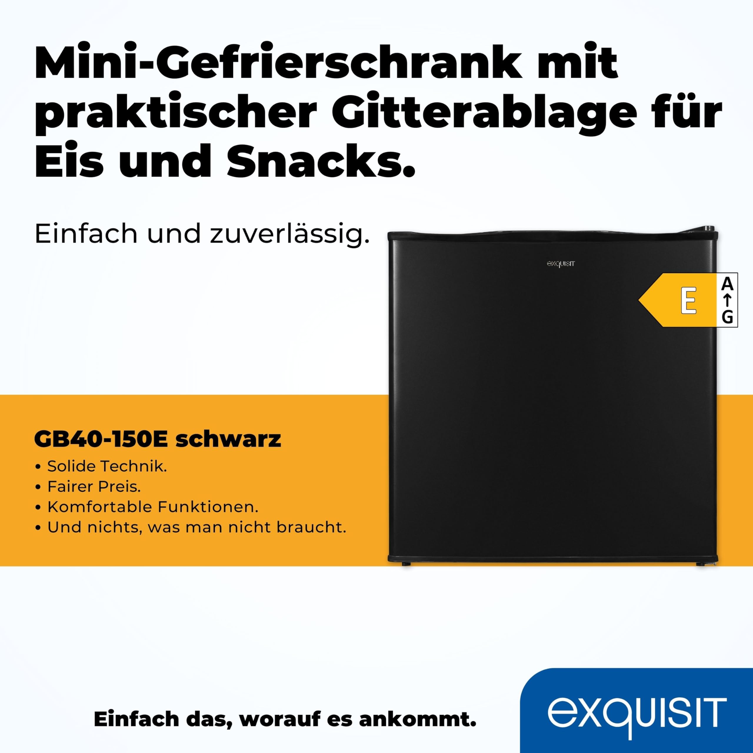 Exquisit GB40-150E Mini-Gefrierschrank Schwarz - 31 L Gefrierbox Klein | 4-Sterne Tiefkühlschrank kompakt - Ideal für Büro & Camping - 50,5 cm hoch - Leise 39 dB - Energieeffizienz E