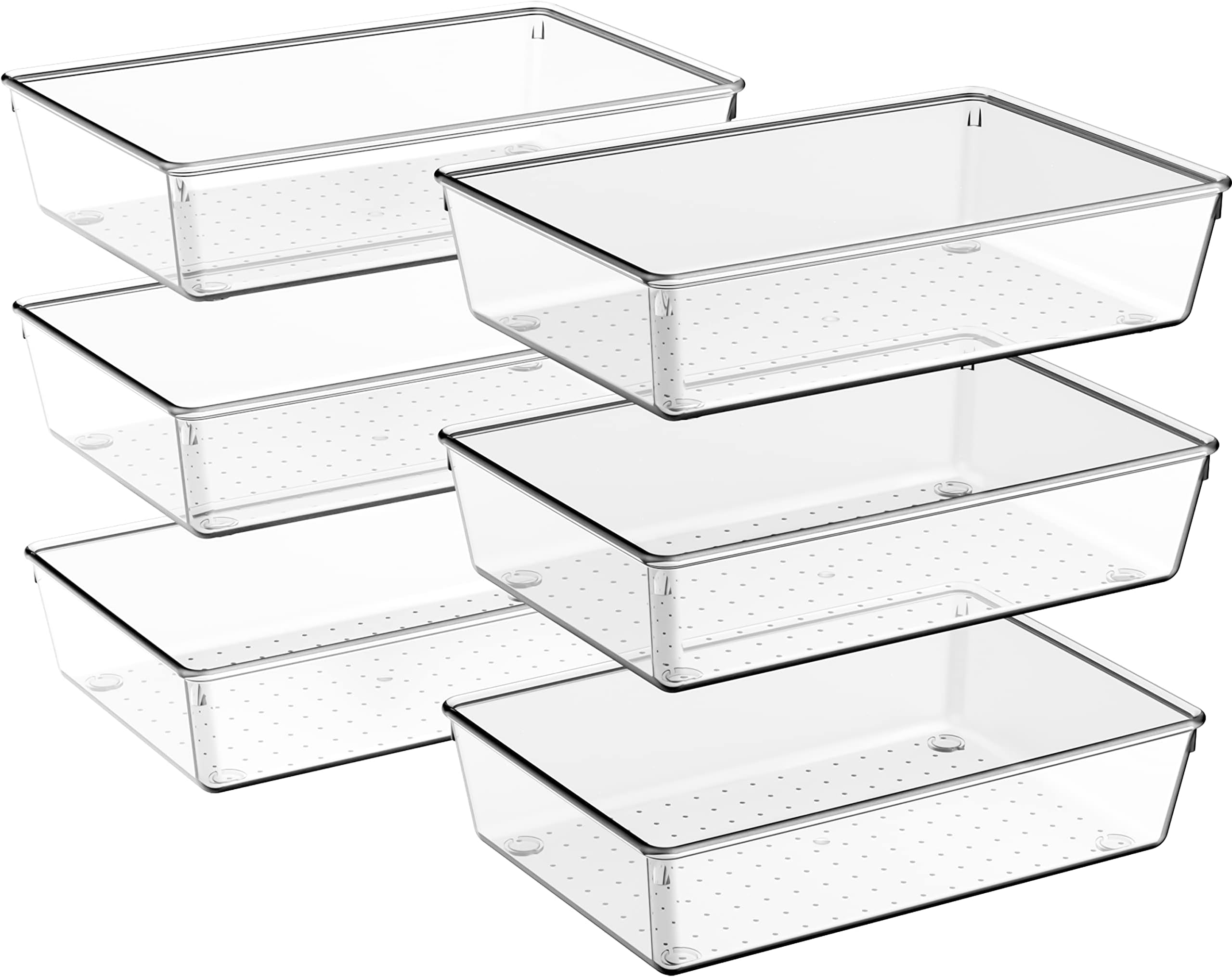 Criusia 6 Pack Large Size Clear Plastic Versatile Acrylic Stackable Drawer Organizer Trays, Storage Bins for Makeup, Bathroom, Kitchen and Office