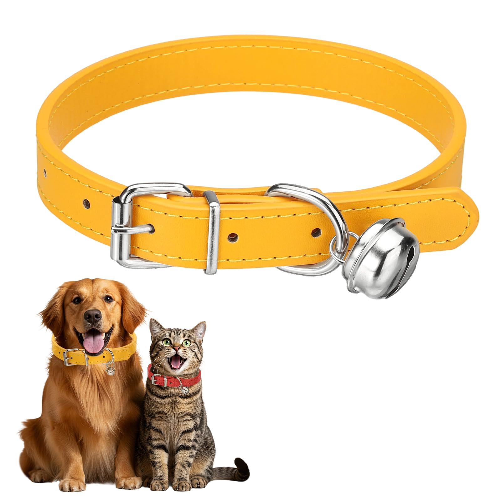 sourcing map Dog Collar with Bell, Pu Leather Cat Collars Pet Basic Soft Padded Adjustable Buckle, 20" (Gold, 1 Pcs), Intended for Teacup/Little Dog/Kitten Cats/Small Animals