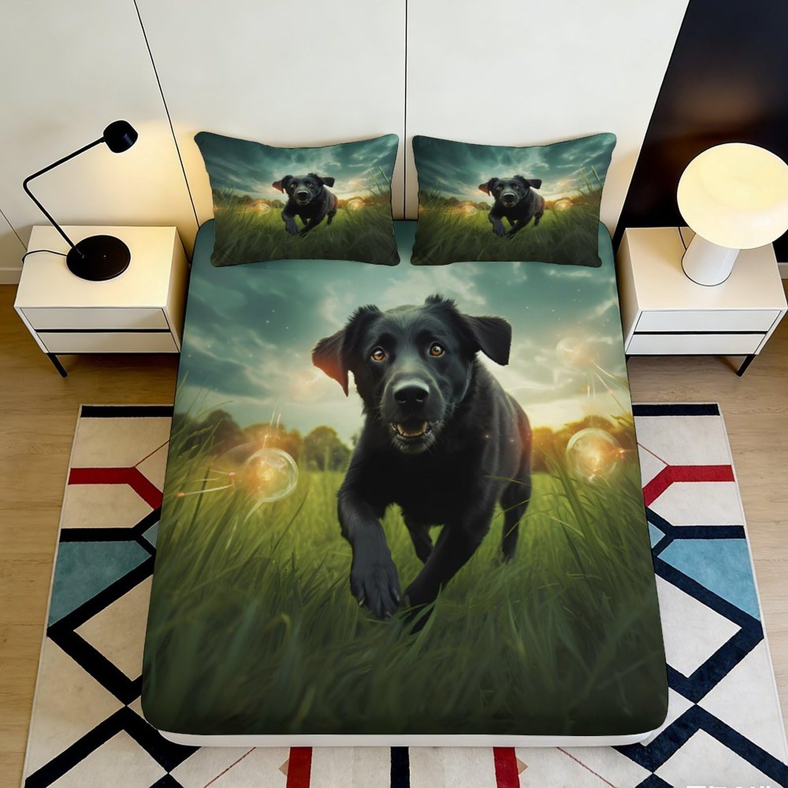 3D Printed Black Labrador Fitted Sheet Microfiber Soft Dog Running Meadow Bed Cover for Bedroom Dorm Mattress Decor 90x200x25cm