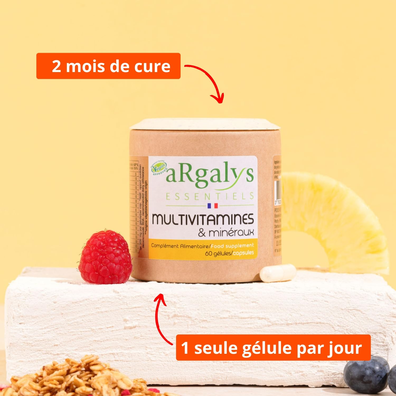 Multivitamines et minéraux (2 mois) - 20 Nutriments - Vitamines A, B, C, D3, E, K1 et H - Iode, Sélénium + Magnésium - Homme/Femme - Vegan - 60 gélules fabriquées en France - Argalys Essentiels