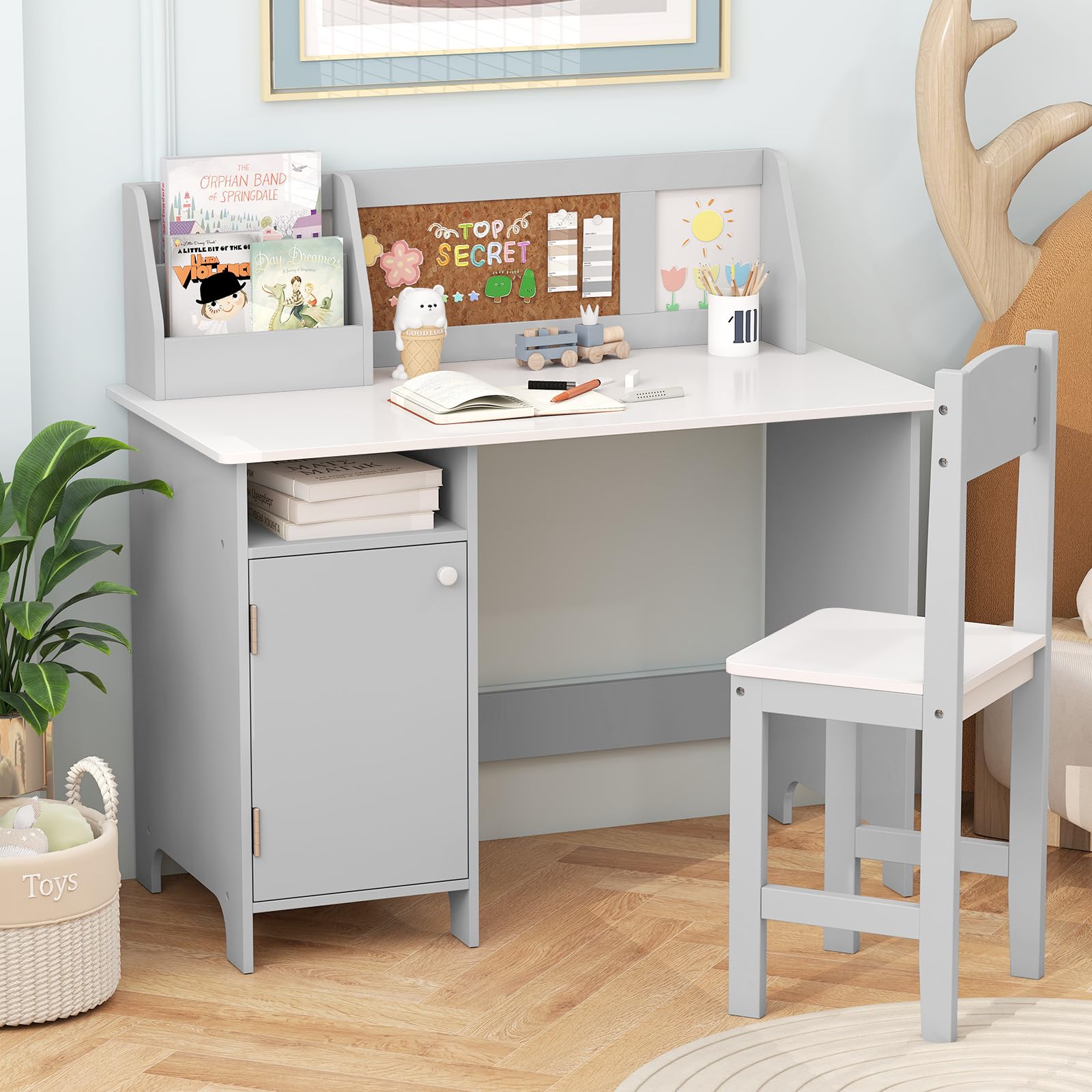COSTWAY Bureau Enfant Garçon Fille avec Chaise Bibliothèque Tableau d'Affichage, Table Enfant Bois Étagère Armoire Rangement, Charge 50/90kg 3 Ans+ Gris