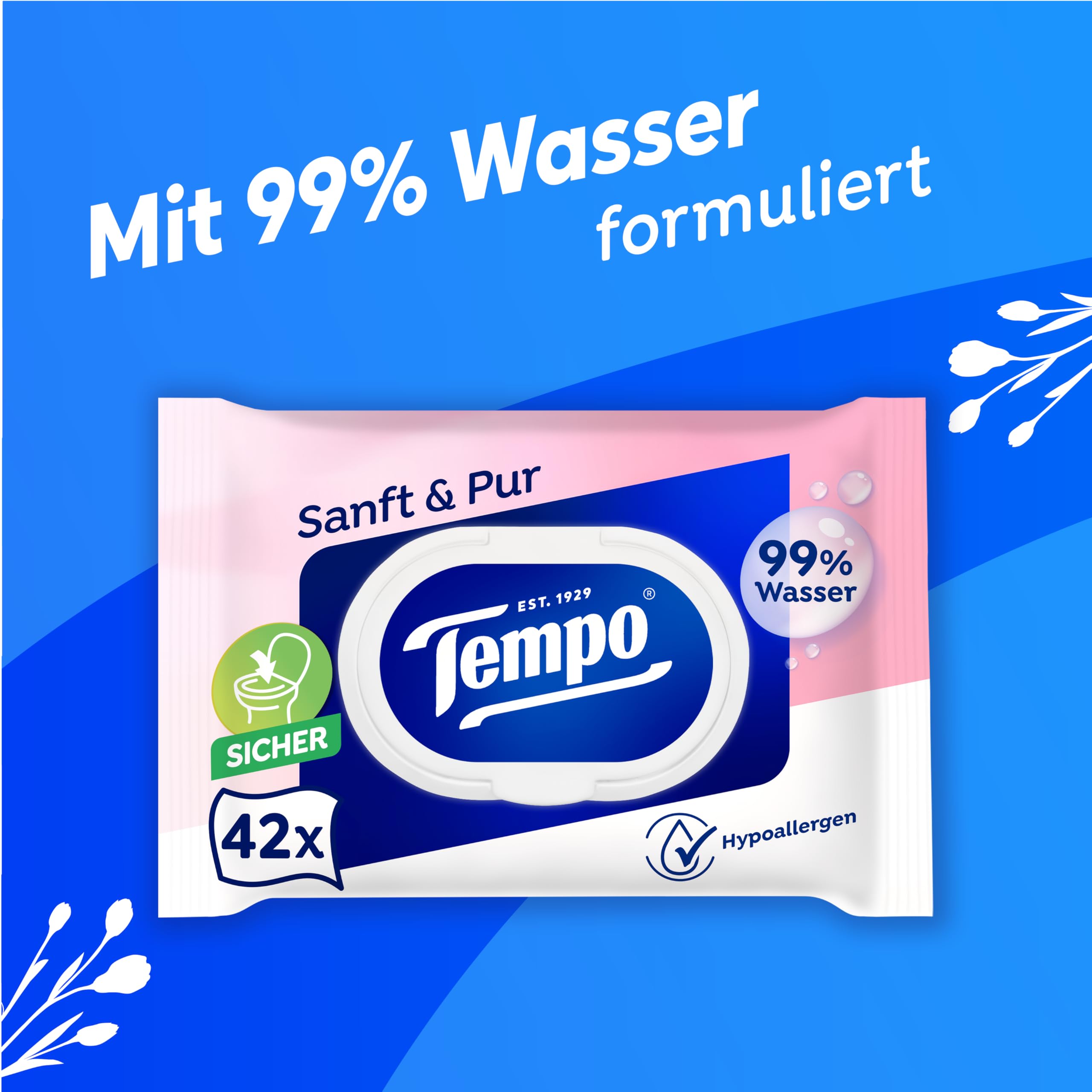 Tempo Feuchte Toilettentücher "Sanft & Pur" - Megapack - 16 Packungen mit je 42 Tüchern - Duo Packs - feuchtes Toilettenpapier, dermatologisch getestet und pH-hautneutral