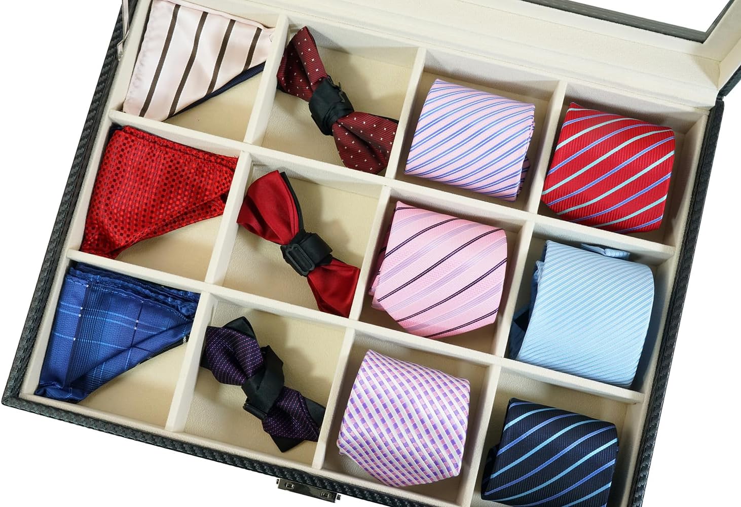 TIMELYBUYS Tie Display Case for 12 Ties, Belts, and Men's Accessories Black Carbon Fiber Storage Box Father's Day