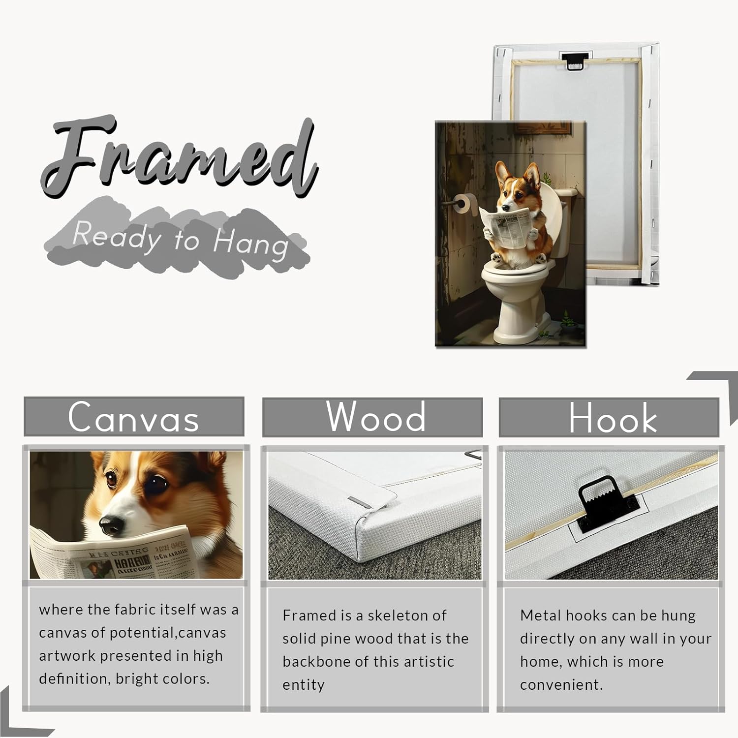 PBXBJY Bathroom Corgi Wall Art Funny Dog Bathroom Decor Corgi on Toilet Poster Prints Cute Animal Canvas Artwork for Restroom Toilet Wall Decor Framed (16.00" x 24.00")