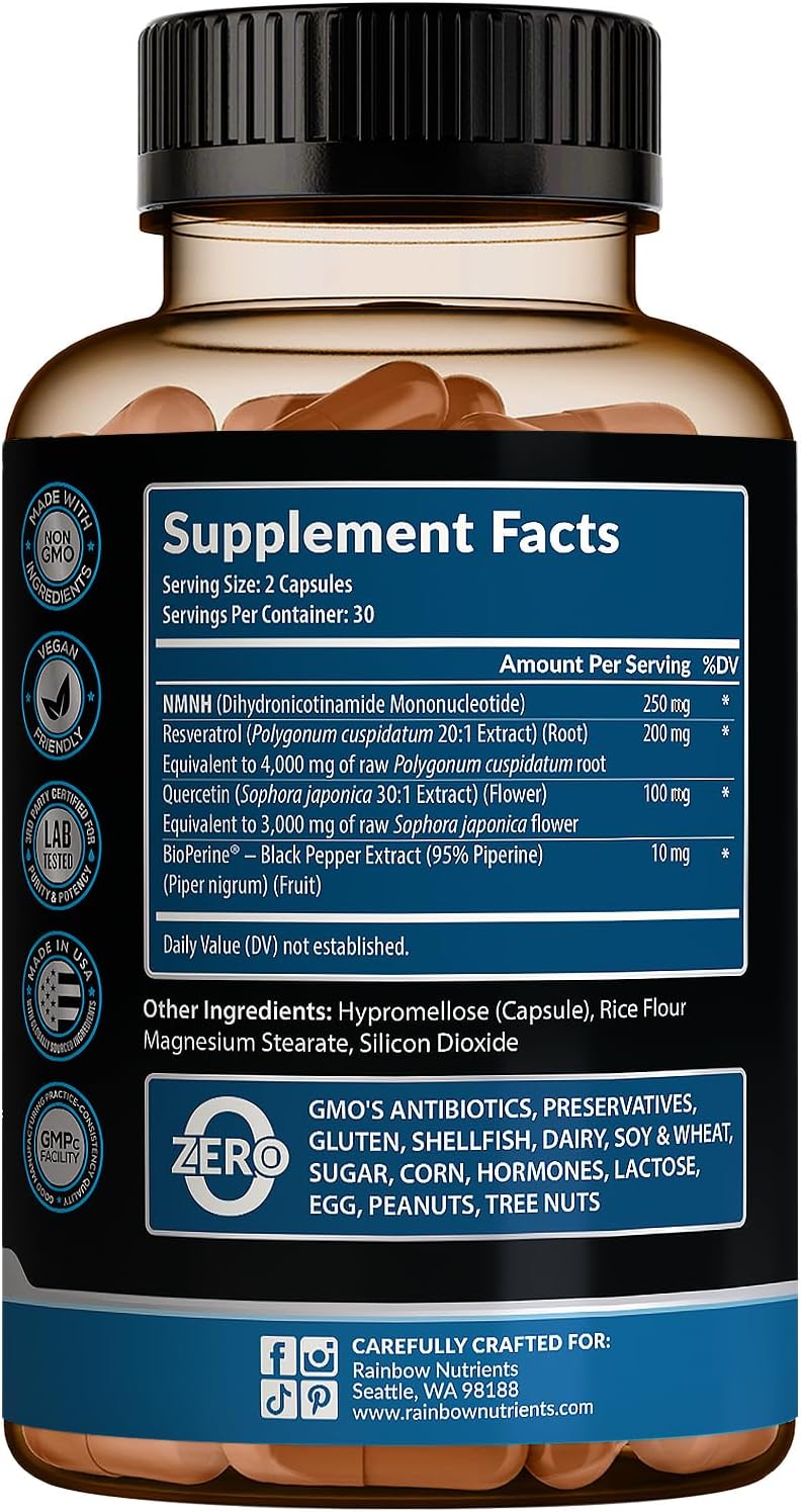 NMNH Supplement (NMN Alternative) NAD Booster for Anti-Aging, Cellular Energy & Nice Skin- Dihydronicotinamide mononucleotide, Resveratrol, Quercetin & BioPerine® for Max Absorption- 60 caps