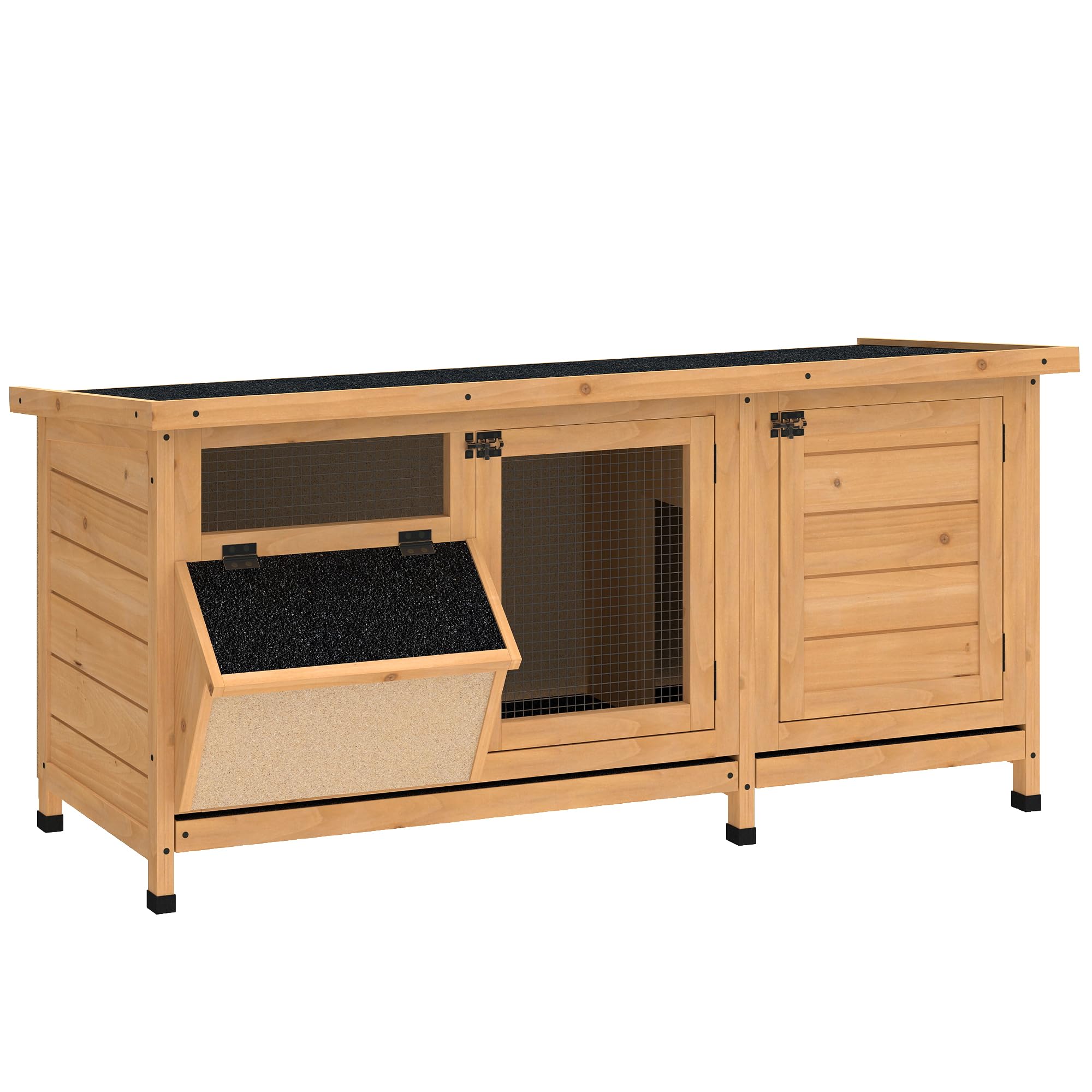 PawHut Conejera de Madera, Jaula para Conejos con Techo Asfáltico Abatible, Puertas con Pestillo, Bandejas Extraíbles y Comedero, Conejera para Exterior, 112x50x54 cm, Amarillo