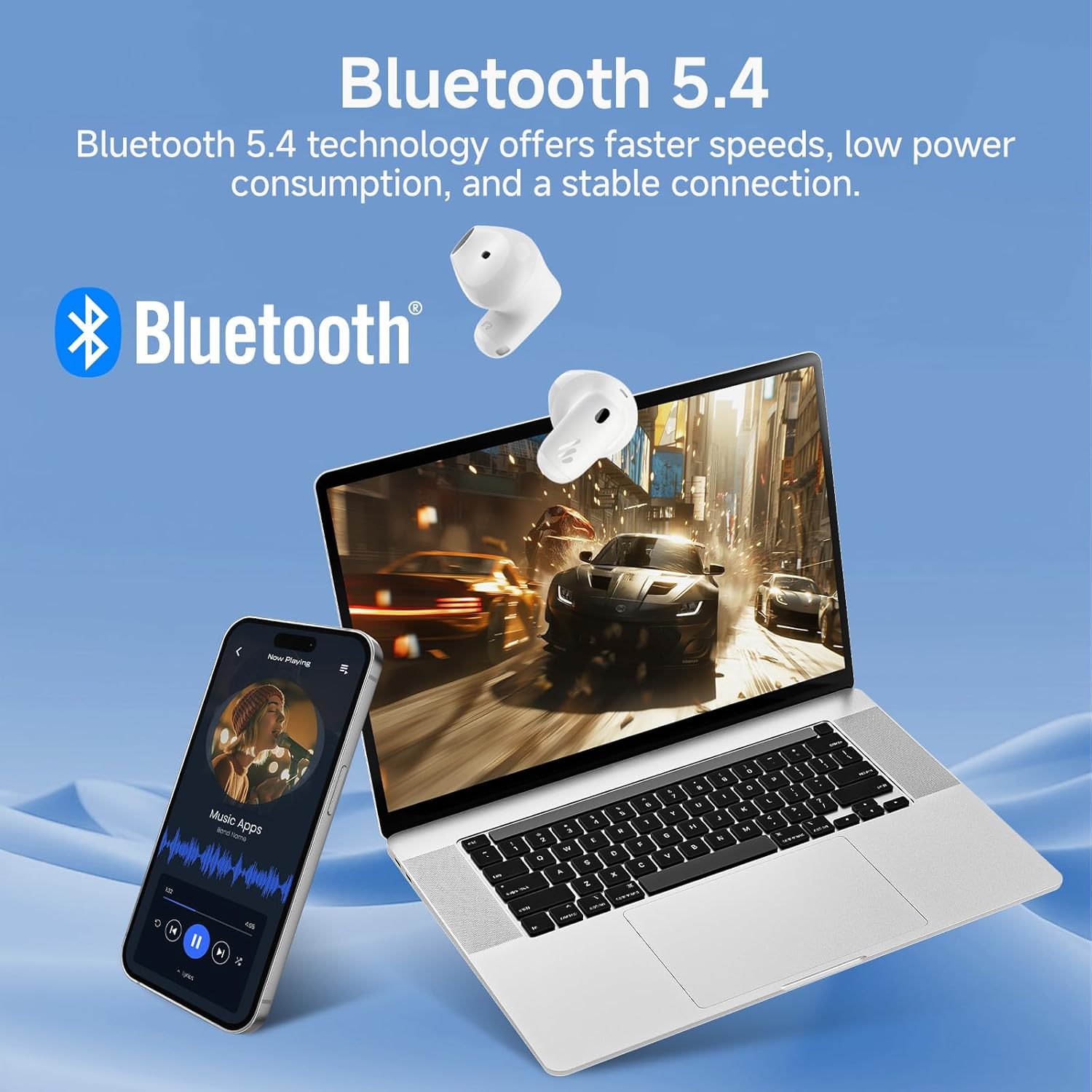 Image showing Edifier X1 Lite earbuds floating above a laptop and smartphone, with the Bluetooth logo and text 'Bluetooth 5.4 technology offers faster speeds, low power consumption, and a stable connection.'