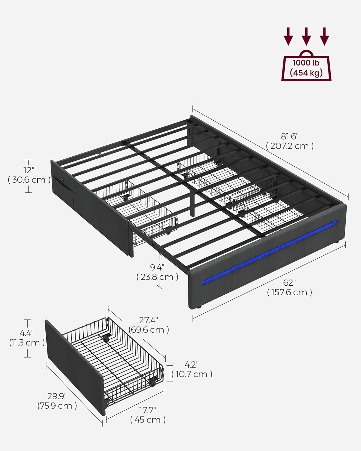 VASAGLE LED Bed Frame Queen Size with 4 Drawers and Charging Station, Queen Bed Frame with 1 USB Port and 1 Type C Port, Steel Slats, No Box Spring Needed, Dark Gray URMB831G71